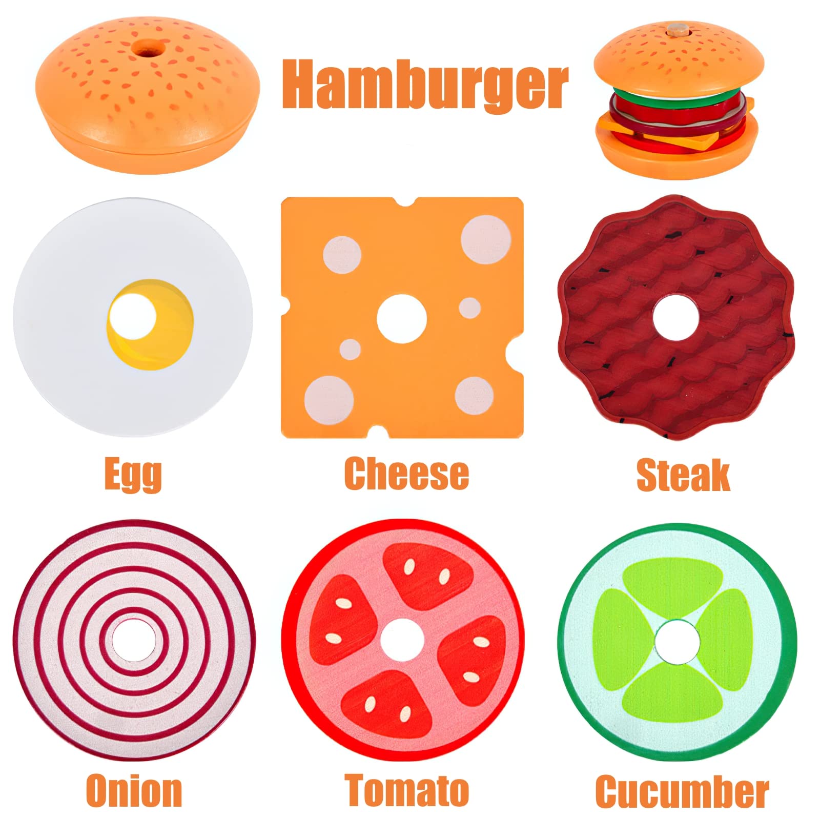 Wooden Burger Sandwich Stacking Toys for Kids - Montessori Learning Toys for Toddlers & Preschoolers to Develop Fine Motor Skills - Pretend Play Kitchen & Educational Stacking Game for Children