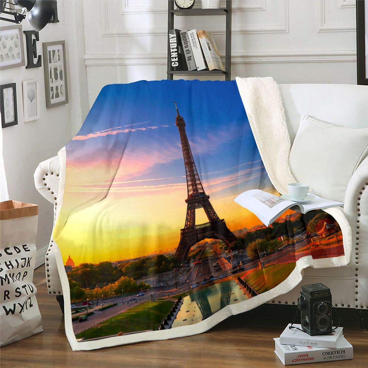 Paris Themed Eiffel Tower Plush Fleece Throw Blanket - Cityscape Printed Sherpa Sofa Couch Bed Blanket | Microfiber Fuzzy Cozy Blanket for Home Decor | King Size 87x95 Inch | Perfect for Living Room, Bedroom & Gift Giving