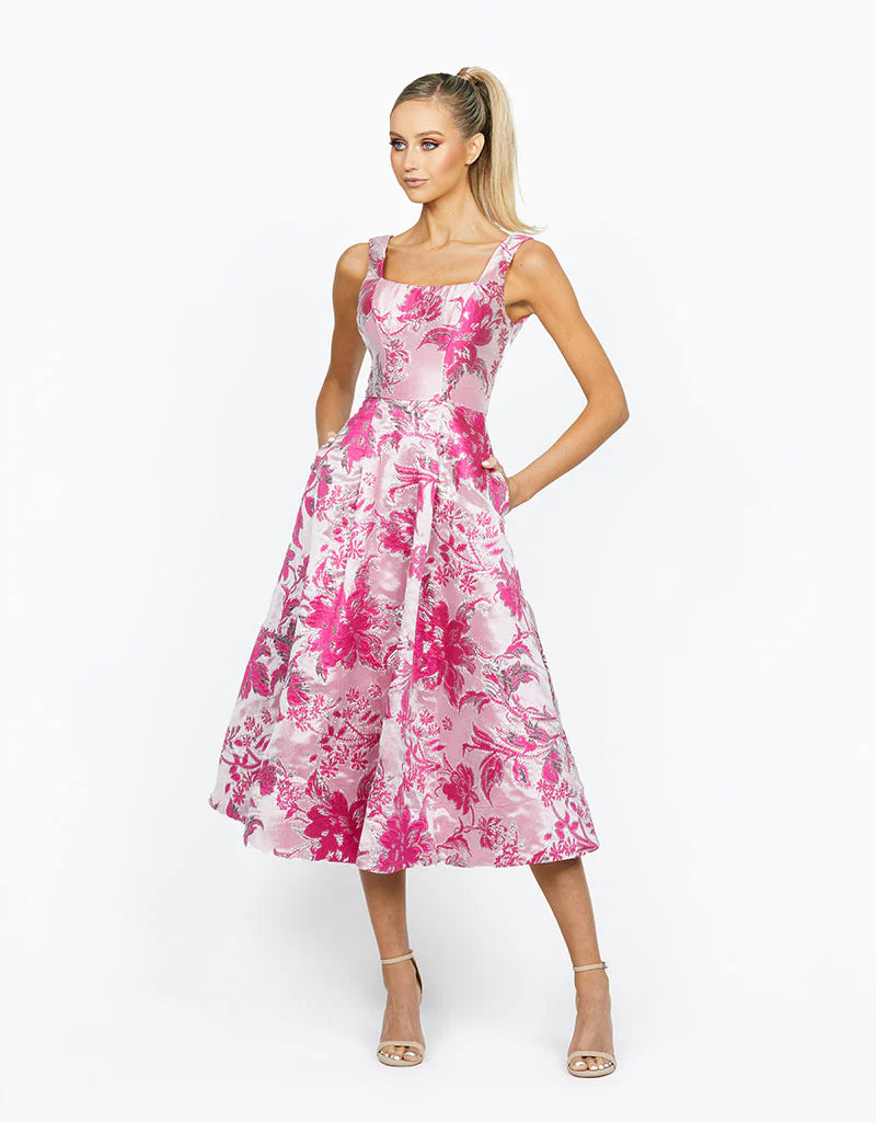 Silvanus A-Line Tea Length Dress for Women - Elegant Floral Print Summer Dress for Garden Party, Wedding Guest & Special Occasions
