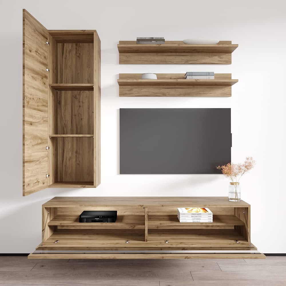 Modern Oak Wall-Mounted TV Stand with Storage Shelves & LED Lights - Floating Entertainment Center Console for Living Room & Bedroom - Perfect for Small Spaces & Home Theater Setup - Meble H1 35