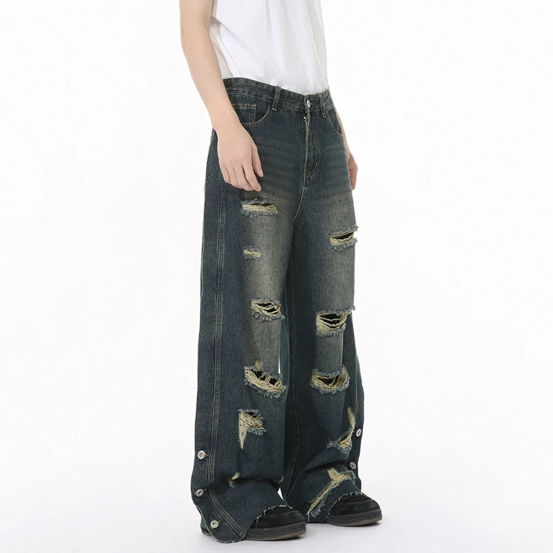 American Style Men's Jeans - Solid Color Distressed Denim Pants with Raw Edge & Wide Leg Design | Casual Straight Fit Loose Comfortable Male Trousers | Perfect for Streetwear, Daily Wear & Urban Fashion Outfits