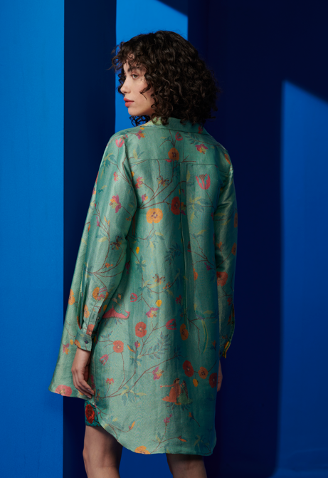 Elegant Oversized Silk Brocade Shirt in Aqua Blue - Perfect for Boho Chic Outfits & Special Occasions