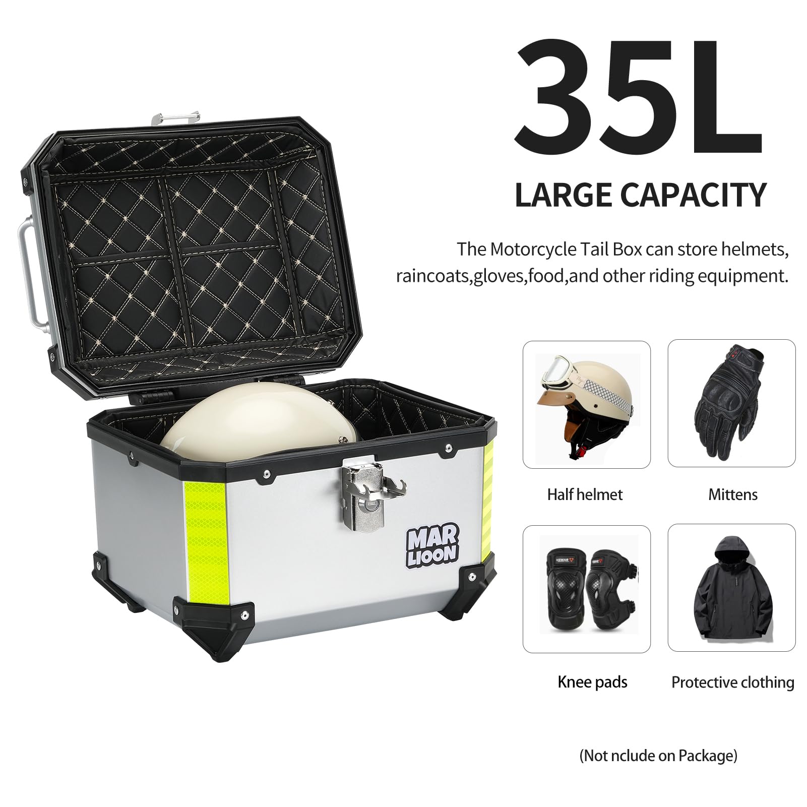 35L Universal Motorcycle Top Case - Quick Release Mounting Plate, Waterproof Scooter Tail Box for Helmet & Luggage Storage - Perfect for Touring, Commuting & Daily Rides (Silver)