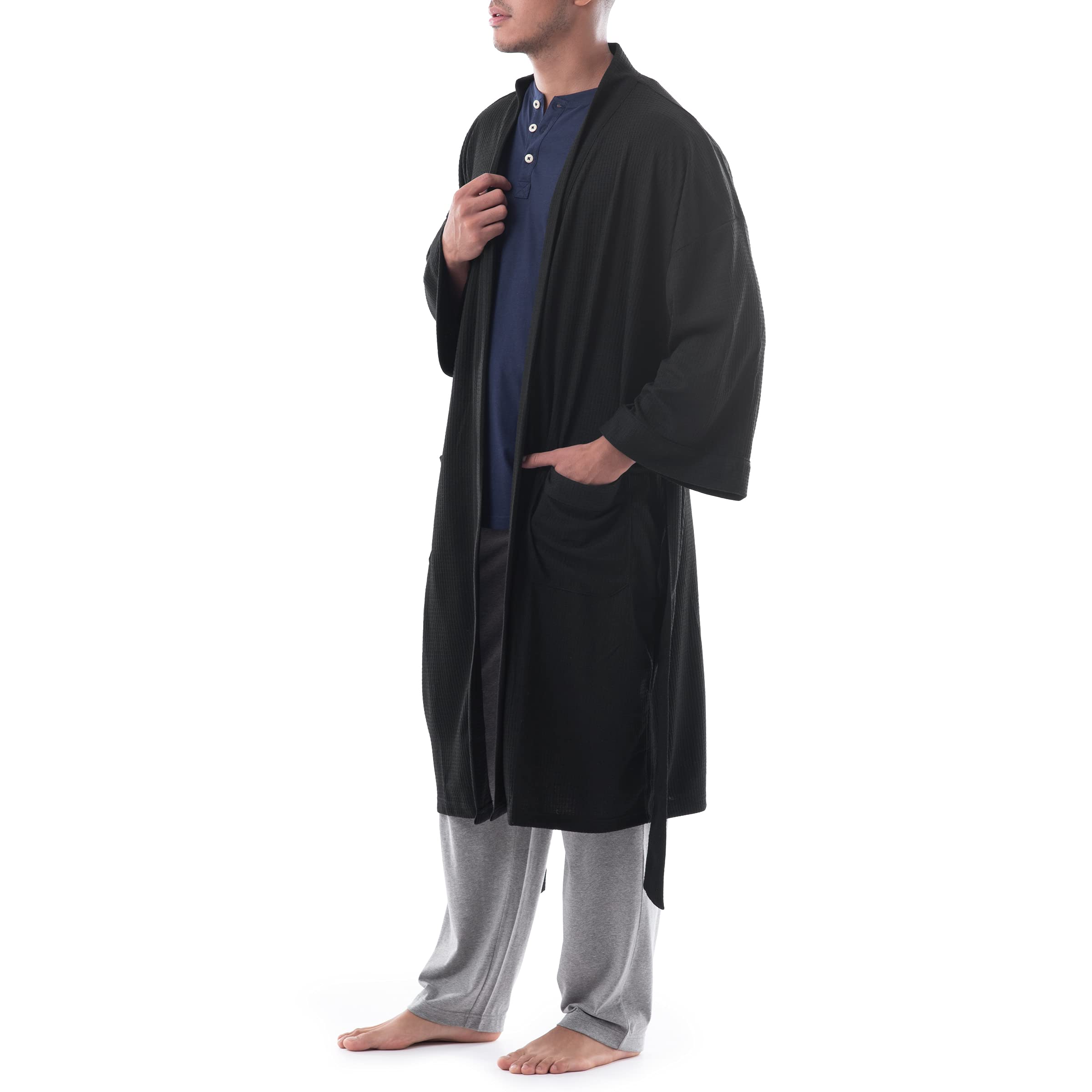 Fruit of the Loom Men's Waffle Kimono Robe - Soft Cotton Bathrobe for Relaxation at Home, Spa & Lounging