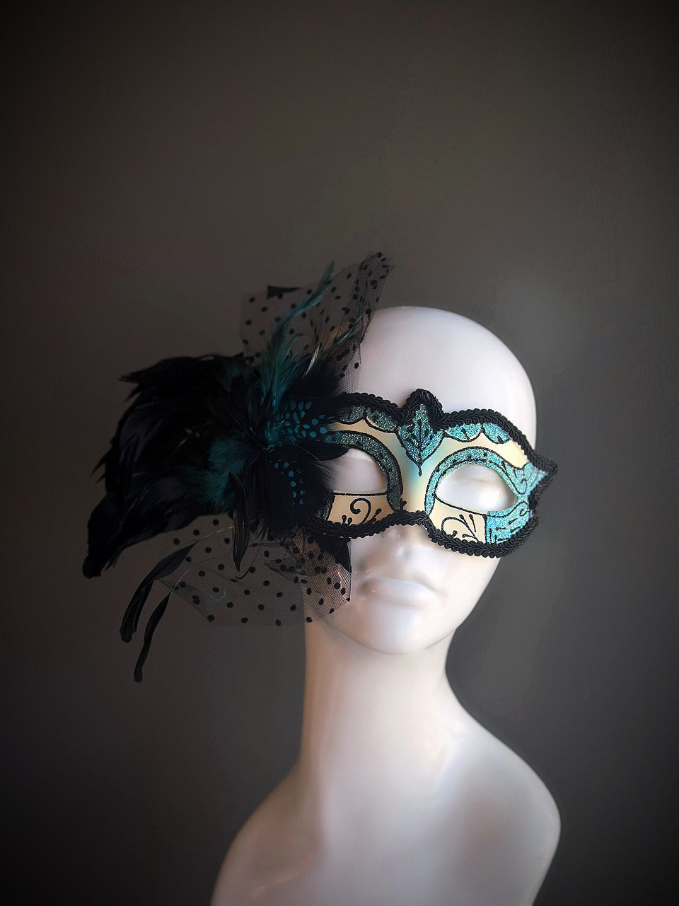 Polka Dot Feather Mask - Turquoise & Black Masquerade Mask for Halloween, Mardi Gras, Costume Parties & Themed Events