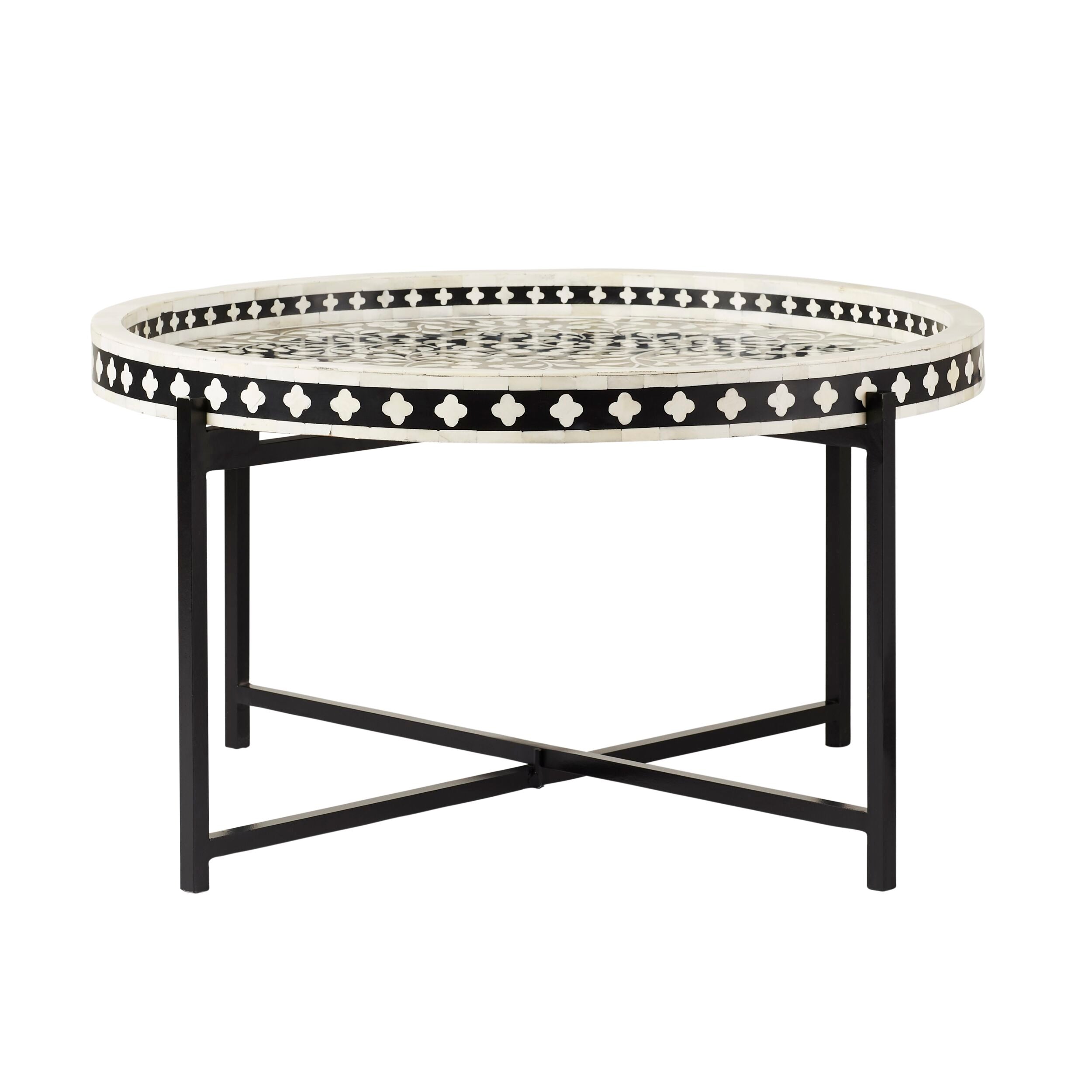 Exquisite Black Bone Inlay Round Coffee Table with Sturdy Black Frame - 75cm Diameter Modern Centerpiece for Living Room, Lounge & Office Decor