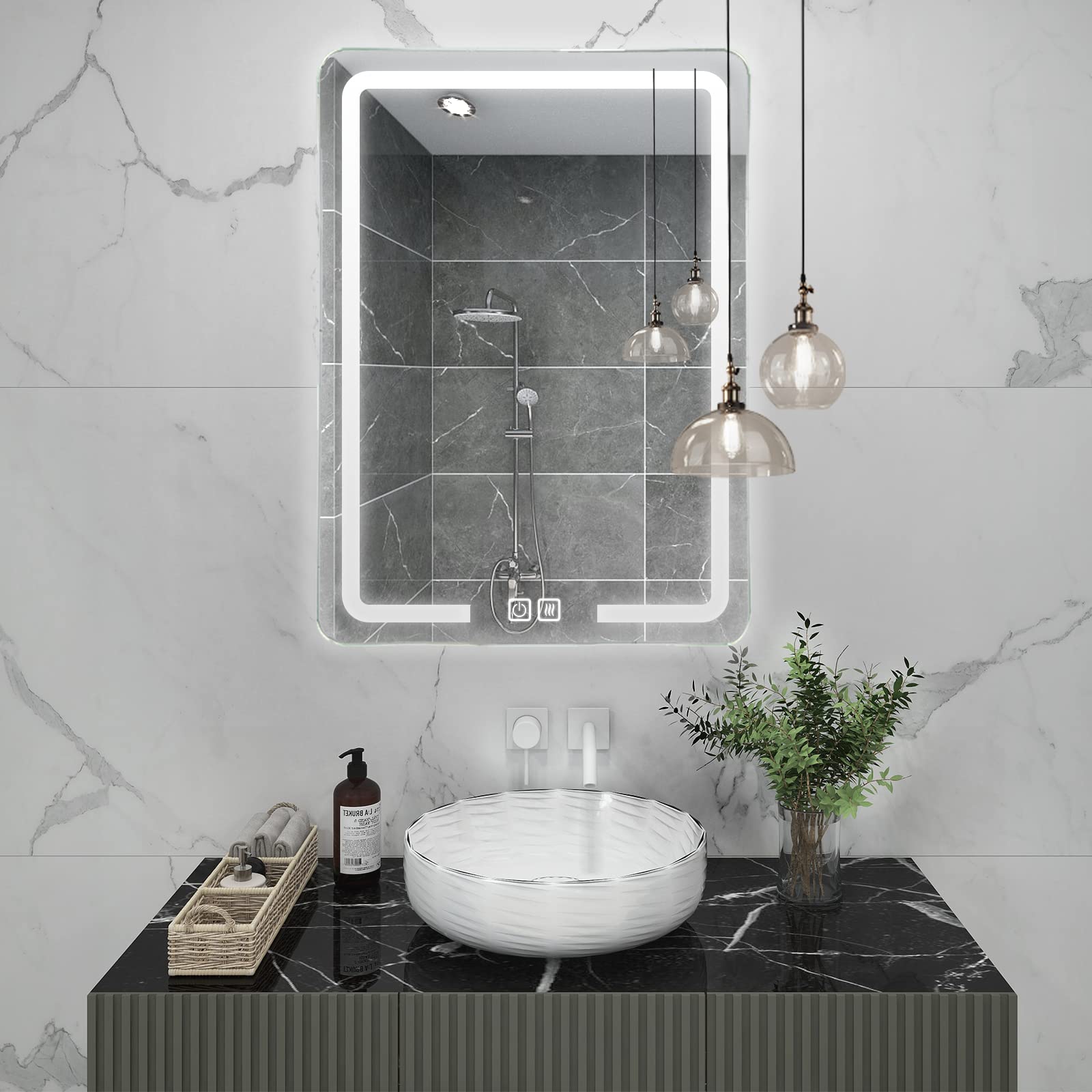 ULKWI 22 x 28 Inch LED Bathroom Mirror with Anti-Fog, Dimmable Touch Control, Wall-Mounted Vanity Mirror - 5MM HD Silver Frame, Adjustable Warm/White/Neutral Light, Plug-in Design - Perfect for Makeup, Shaving & Home Decor