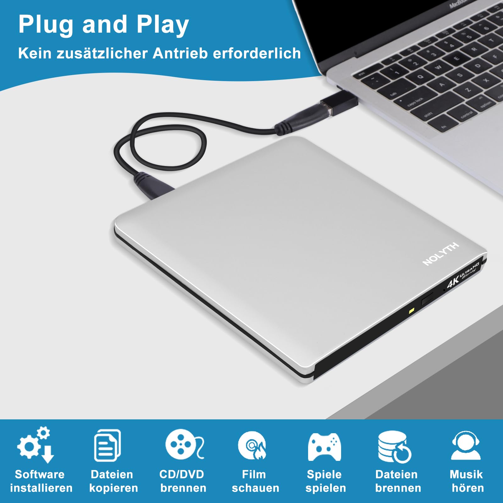 External USB 3.1 UHD 4K Blu-ray Burner Drive - Slim Portable BD/DVD/CD Writer with M-DISC & BDXL Support (Up to 100GB) - Compatible with Laptops, PCs & Mac - Perfect for Home Theater, Media Backup & Entertainment