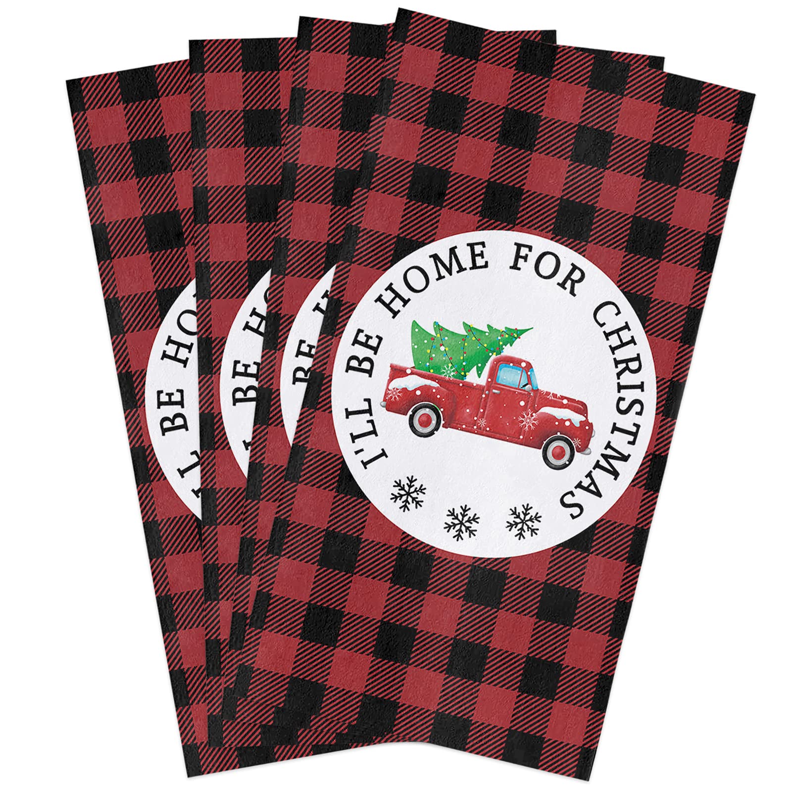 Premium 4-Pack Cotton Kitchen Towels - Absorbent Christmas Tree Truck Black Red Buffalo Plaid Dish Cloths, Bar Towels & Tea Towels with Hanging Loop | Ultra Soft for Holiday Cooking, Baking & Kitchen Decor