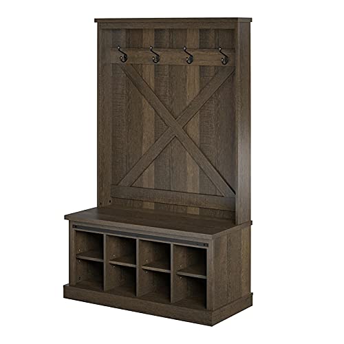 Pemberly Row Modern Entryway Bench with Hall Tree in Brown Oak - Stylish Shoe Storage & Coat Rack for Home Entryway, Mudroom or Foyer Organization