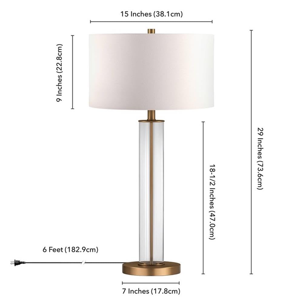 Elegant Clear Glass Table Lamp with Brass Accents & Linen Shade - Modern Home Office Bedroom Nightstand Lighting Decor for Living Room, Study, or Dorm