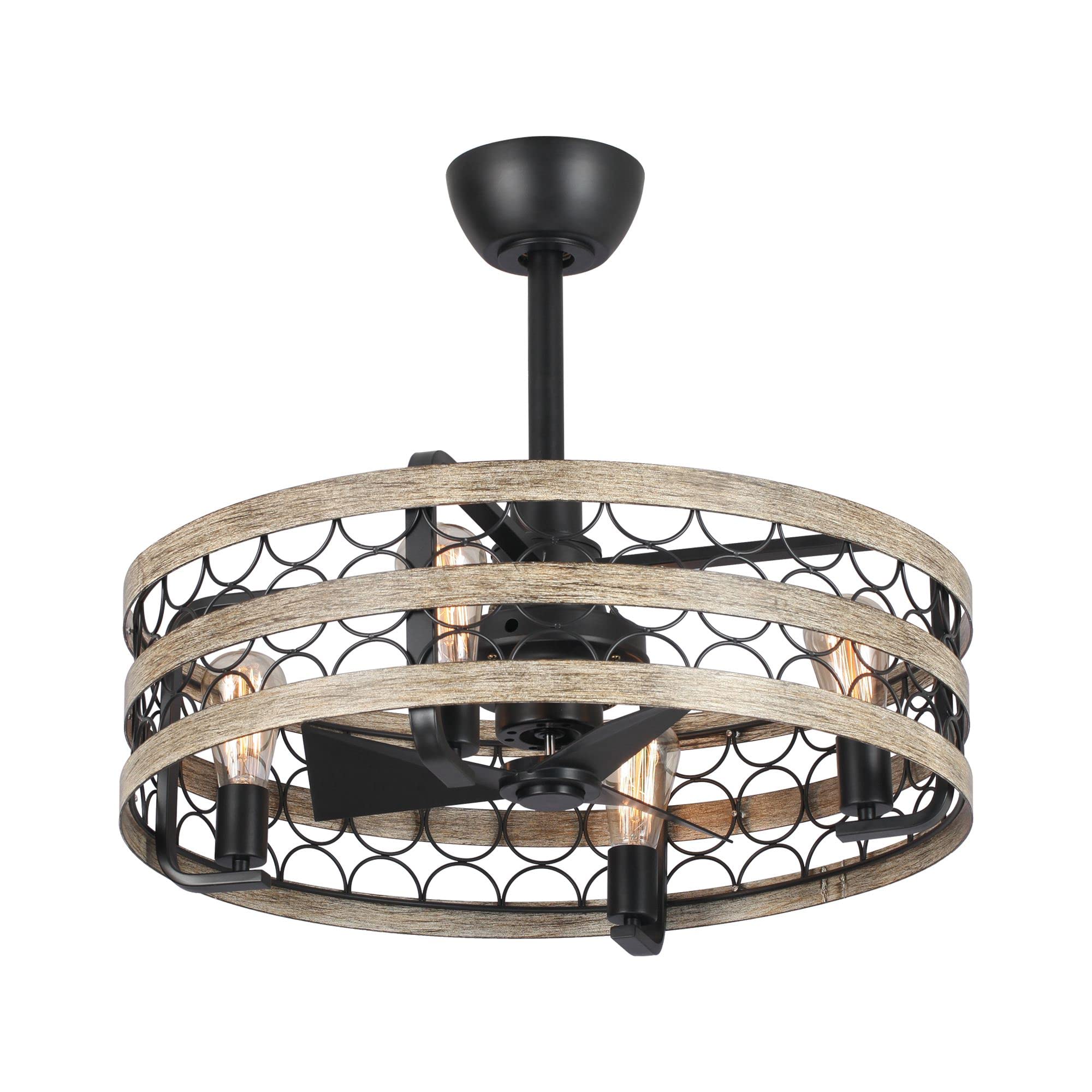 Parrot Uncle 21 Inch Black Bladeless Chandelier Ceiling Fan with Lights & Remote - Farmhouse Style Caged Design for Living Room, Bedroom, or Patio