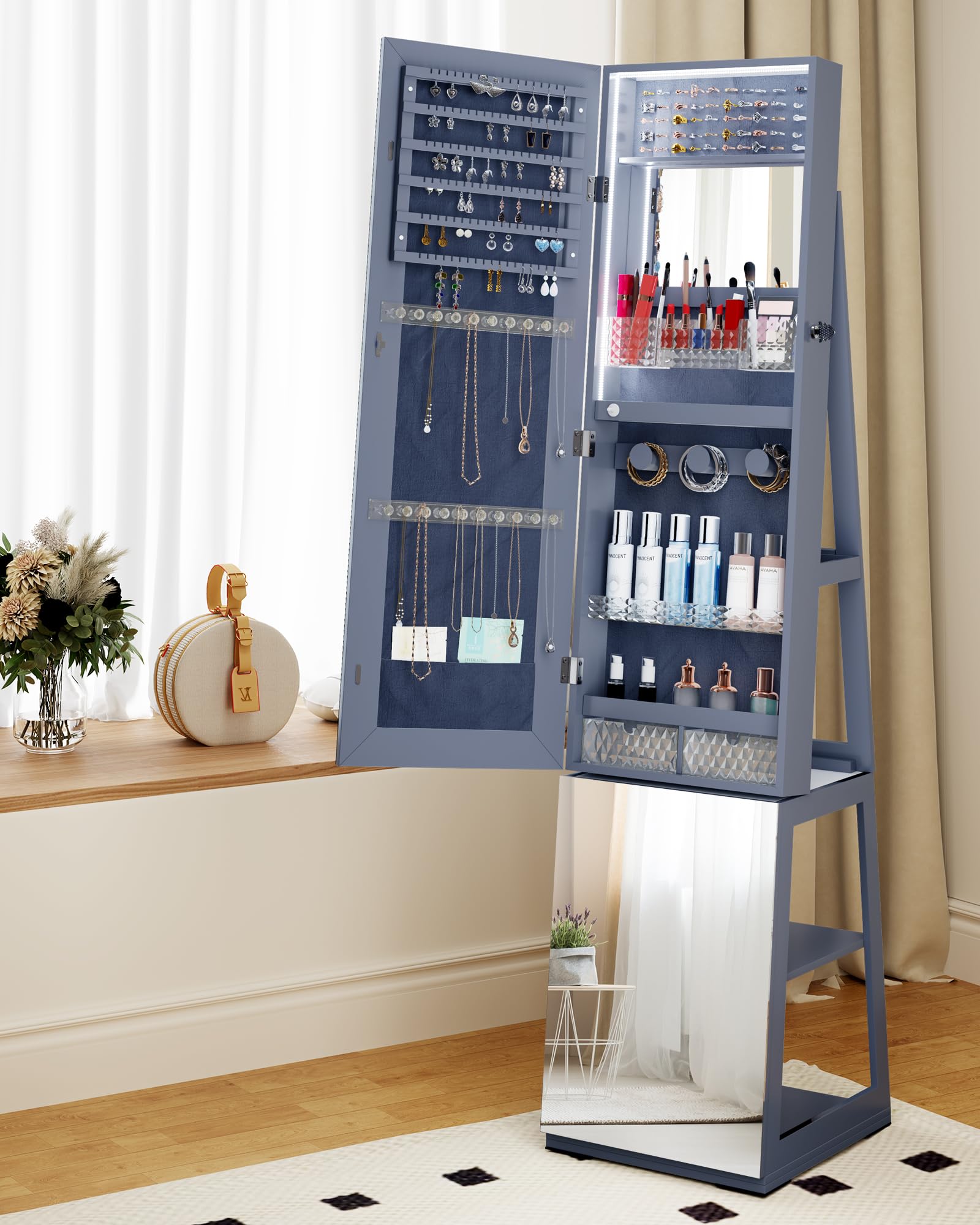 360° Swivel Full-Length Jewelry Cabinet with Mirror & LED Lights - 4-Tier Storage Organizer, Jewelry Armoire with Shelves - Space-Saving Standing Mirror for Bedroom, Closet & Dressing Room (Gray)