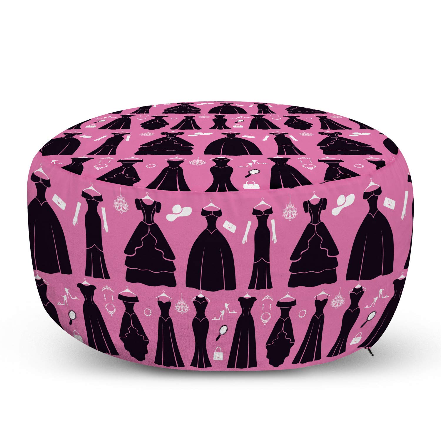 Ambesonne Fashion Ottoman Pouf with Ball Gowns & Cocktail Dresses Print - Soft Decorative Foot Rest with Removable Cover for Living Room & Bedroom - Pink & Dark Chestnut Brown - Perfect for Home Decor, Lounge Seating & Extra Guest Seating