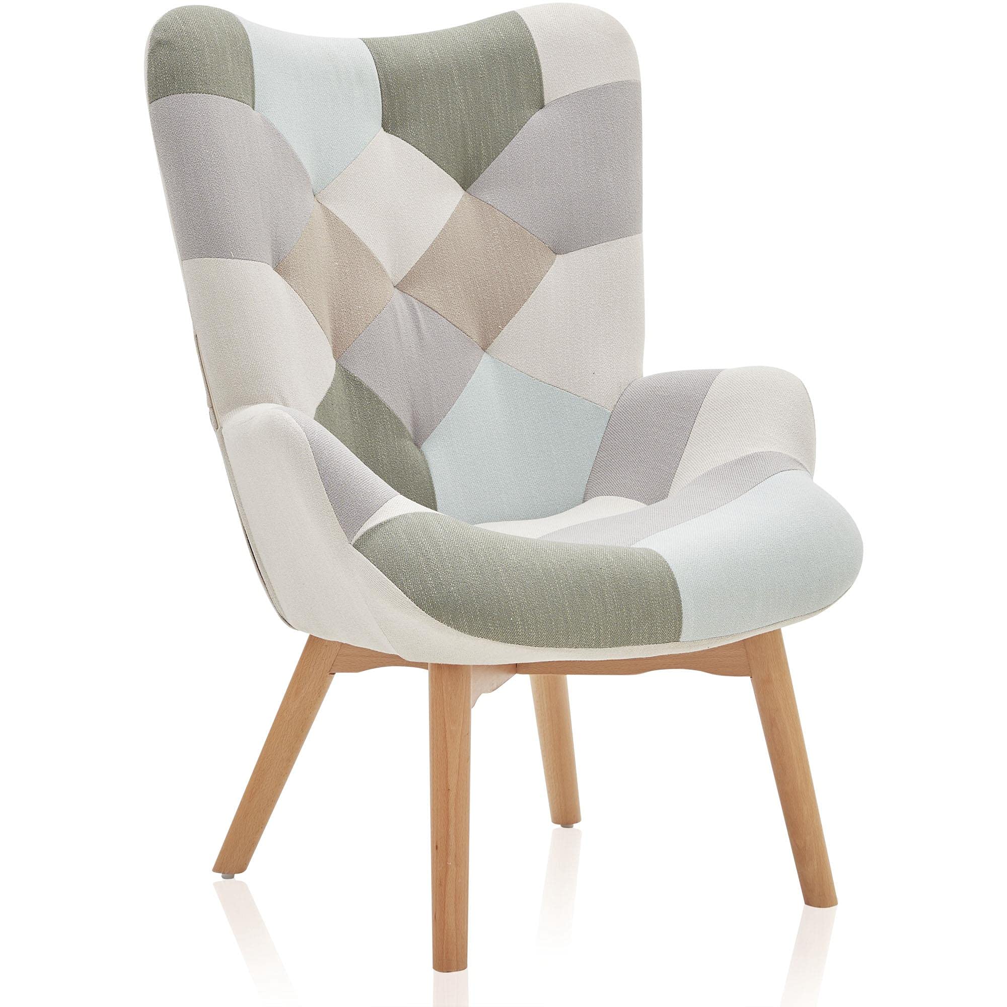 Stylish Multicolor Patchwork Linen Tufted Accent Rocking Chair with Wooden Legs - Perfect for Living Room, Nursery, or Outdoor Camping Relaxation