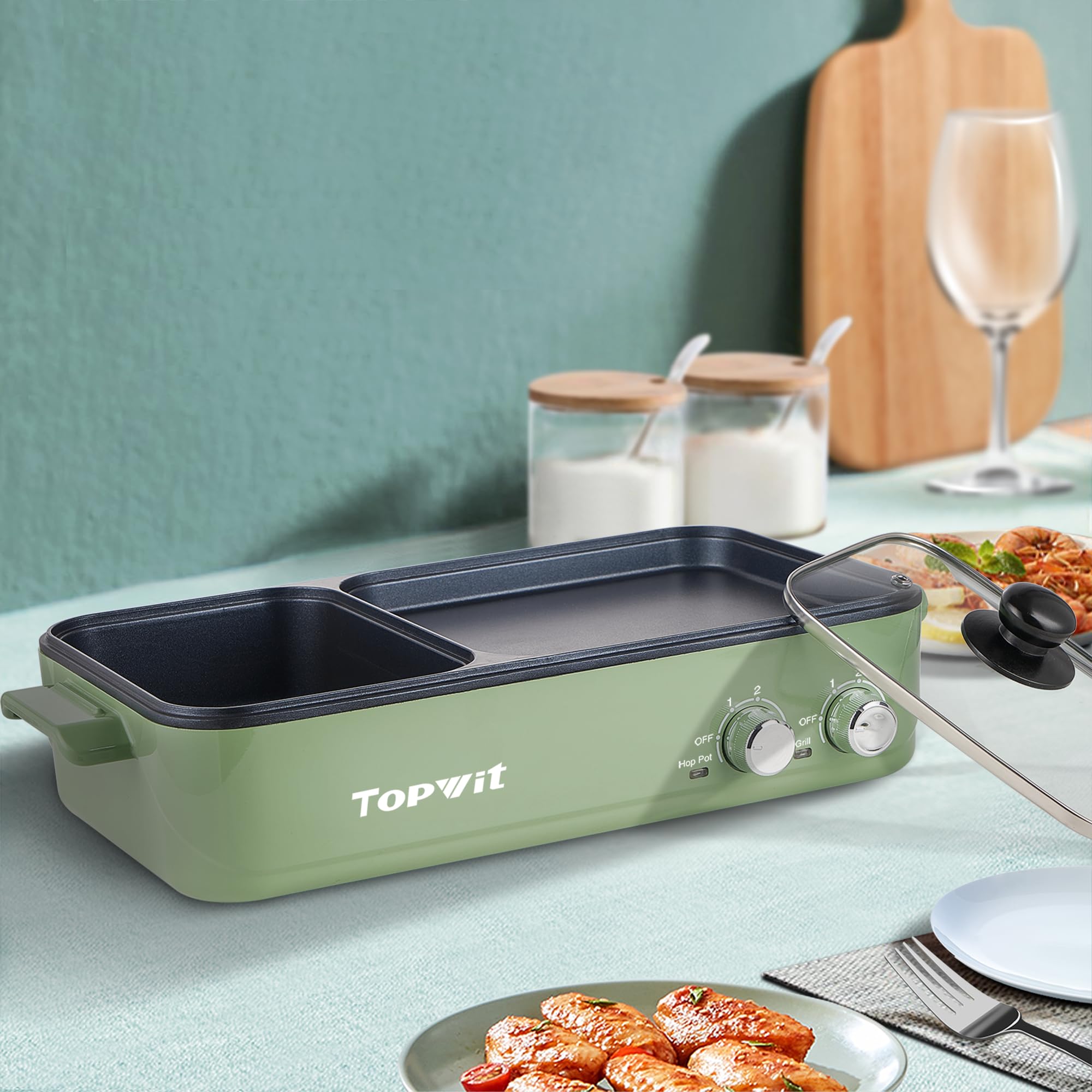 Topwit 2-in-1 Electric Hot Pot & Grill - Non-Stick Indoor Korean BBQ Grill and Shabu Shabu Pot with Dual Temperature Control - Perfect for Steaks, Noodles, and Family Gatherings - Fast Heating & Energy Efficient (Green)