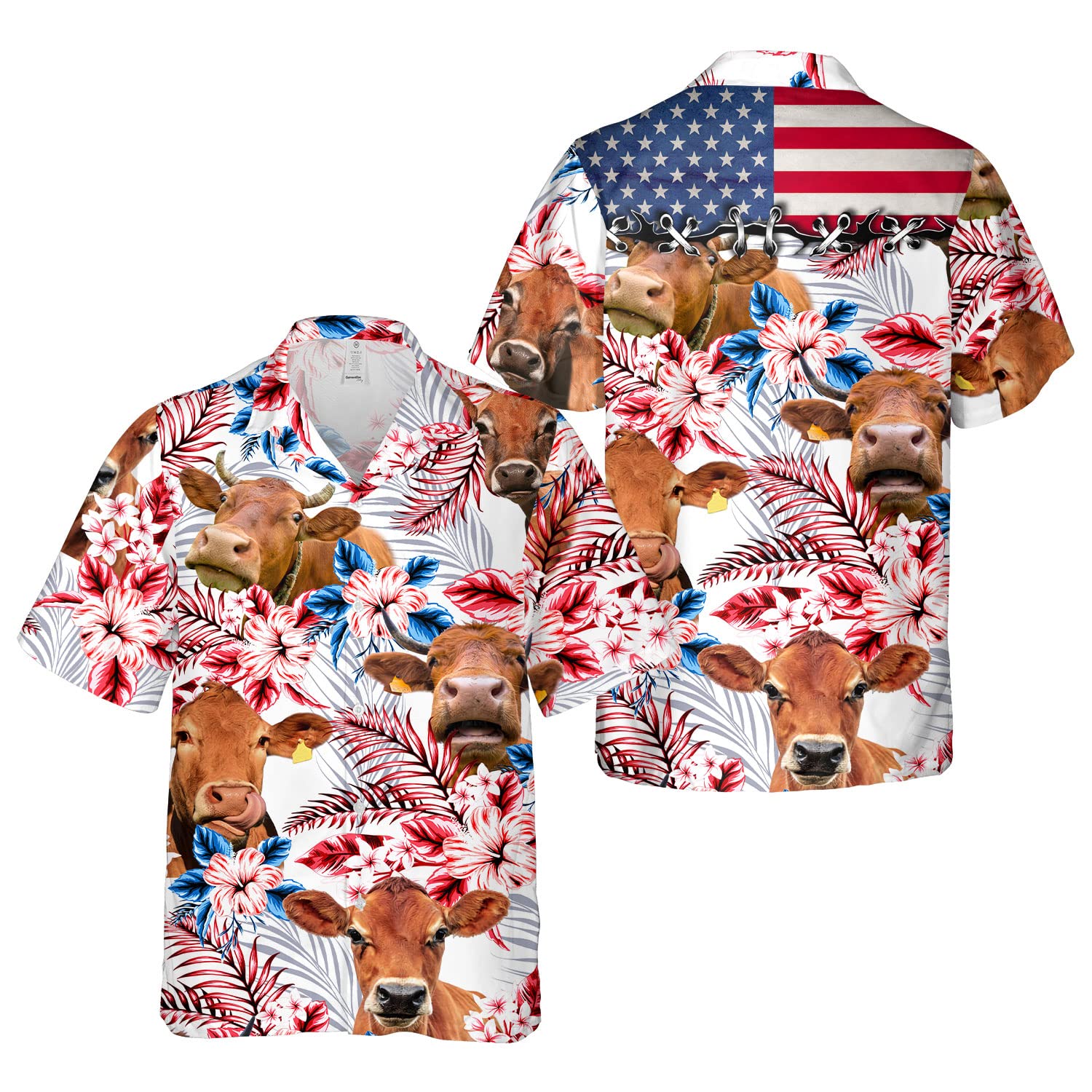 PIGO Cow Print Hawaiian Shirts for Men - Tropical Cow Button Down Shirt with US Flag Design - Short Sleeve Casual Shirt for Beach, Summer Vacation & Luau Parties