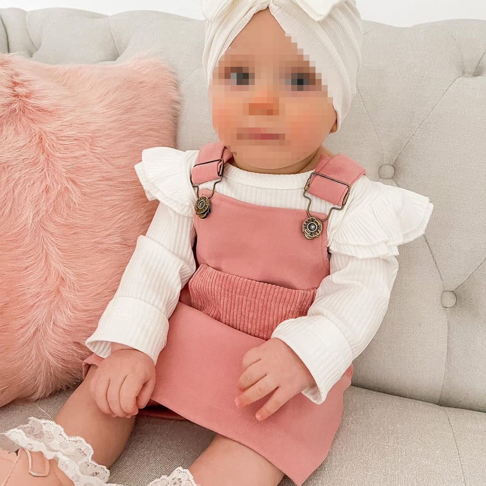 Kupretty Newborn Baby Girl Winter Outfit - Ribbed Romper with Ruffle Long Sleeves & Suspender Skirts Set + Headband | Cozy Fall & Winter Baby Clothes for Photoshoots, Holidays & Family Gatherings