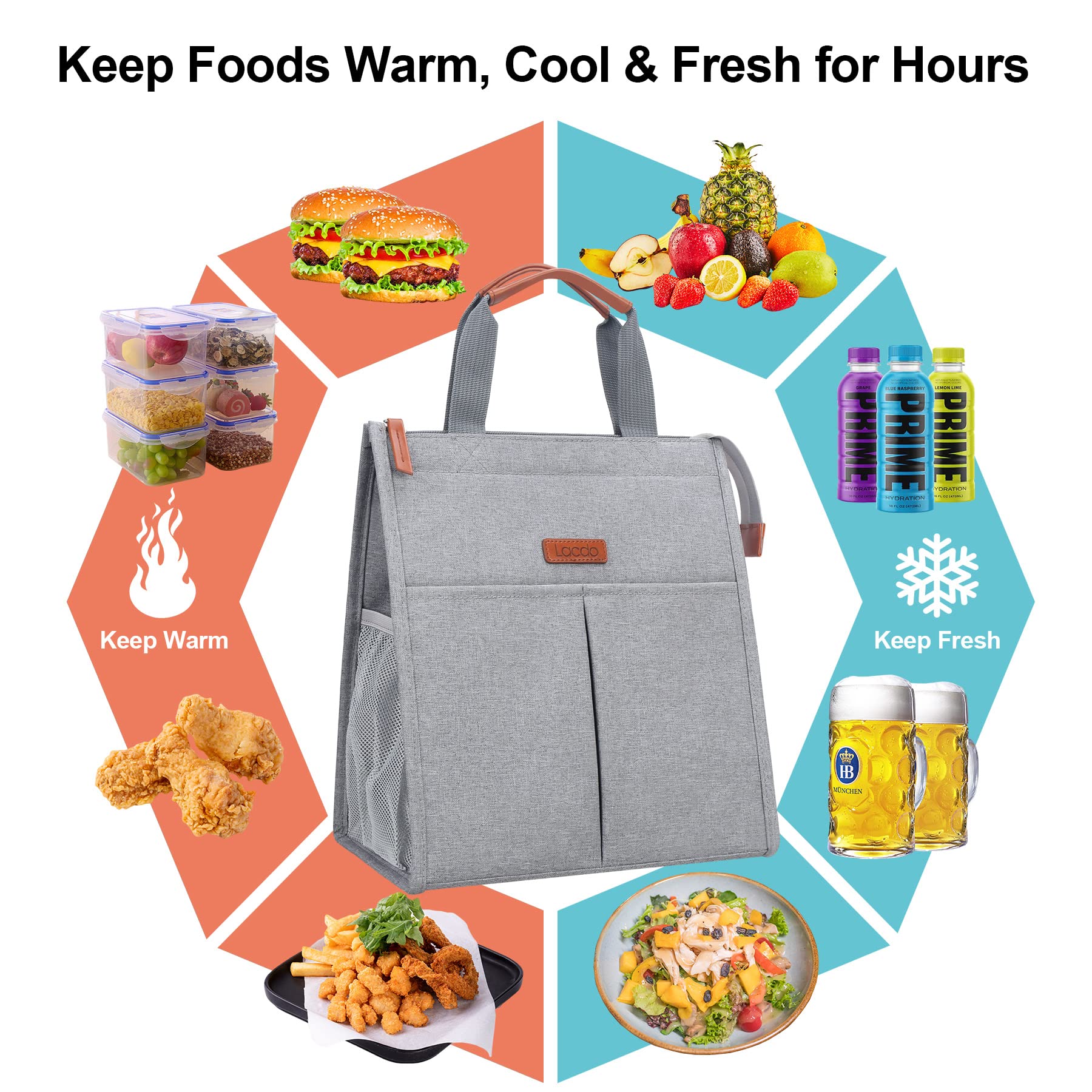 Lacdo Insulated Lunch Bag for Women & Men - Waterproof Reusable Lunch Tote with Pockets - Soft Cooler for Work, Office, Travel, Picnic & Outdoor Activities - Gray