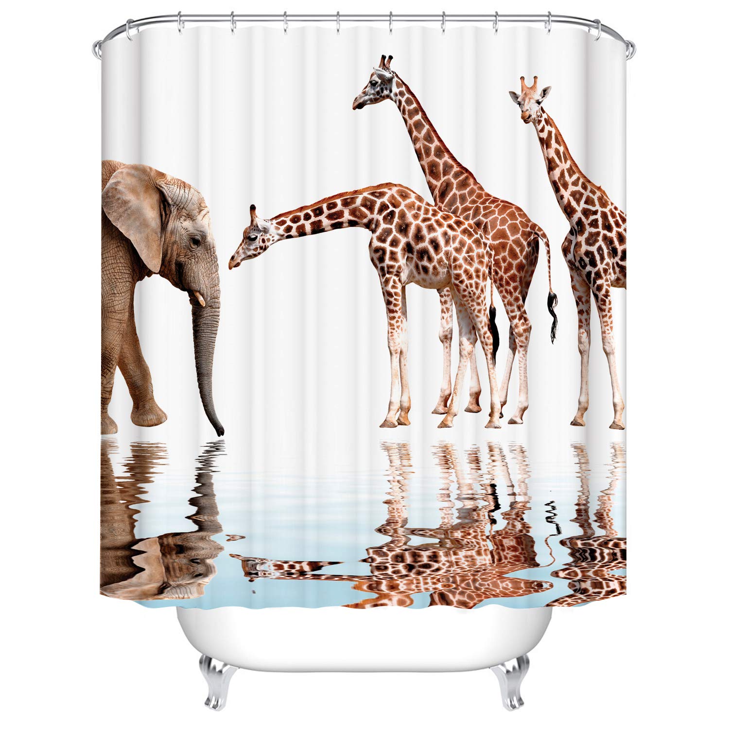 Waterproof Digital Printing Animal Shower Curtain - Giraffe & Elephant Design Polyester Bathroom Decor with Hooks (48x72 inches) for Kids & Jungle Theme Bathrooms