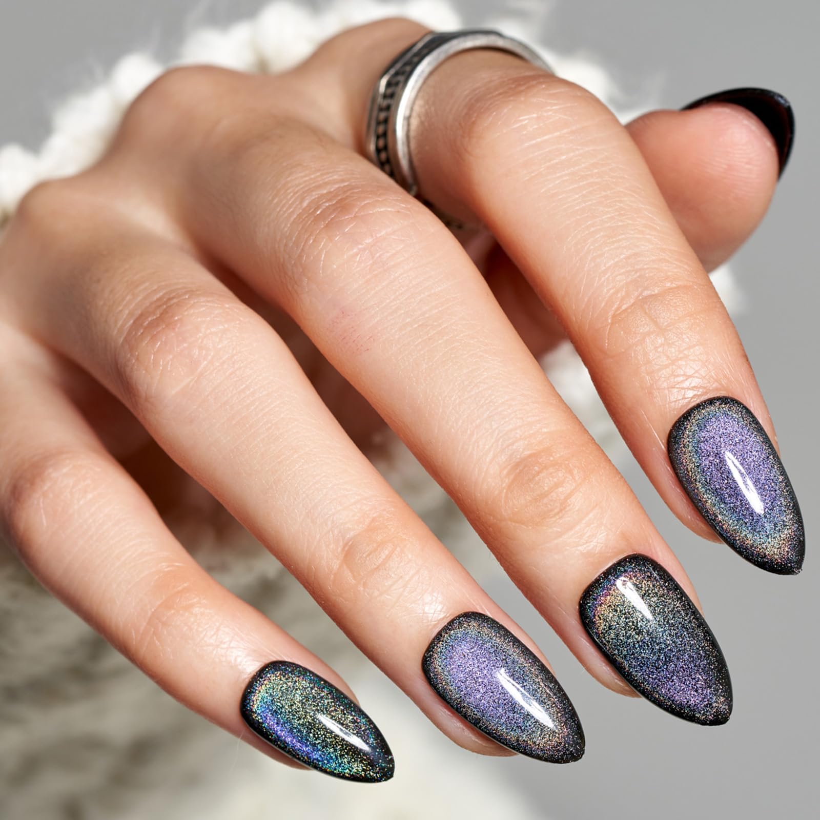 GLAMERMAID Short Almond Press on Nails - 24Pcs Rainbow Black Spring Summer Gel Fake Nails with UV Glossy Finish, Reusable Acrylic Manicure Kit for Women | Perfect for Parties, Weddings & Everyday Glam