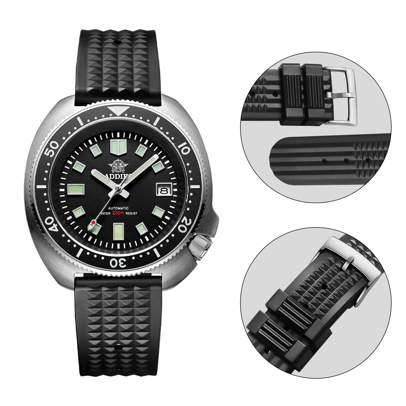 ADDIESDIVE 20mm Black Silicone Waffle Watch Band - Soft Rubber Replacement Strap for Men & Women - Compatible with Diver, Sports & Casual Watches