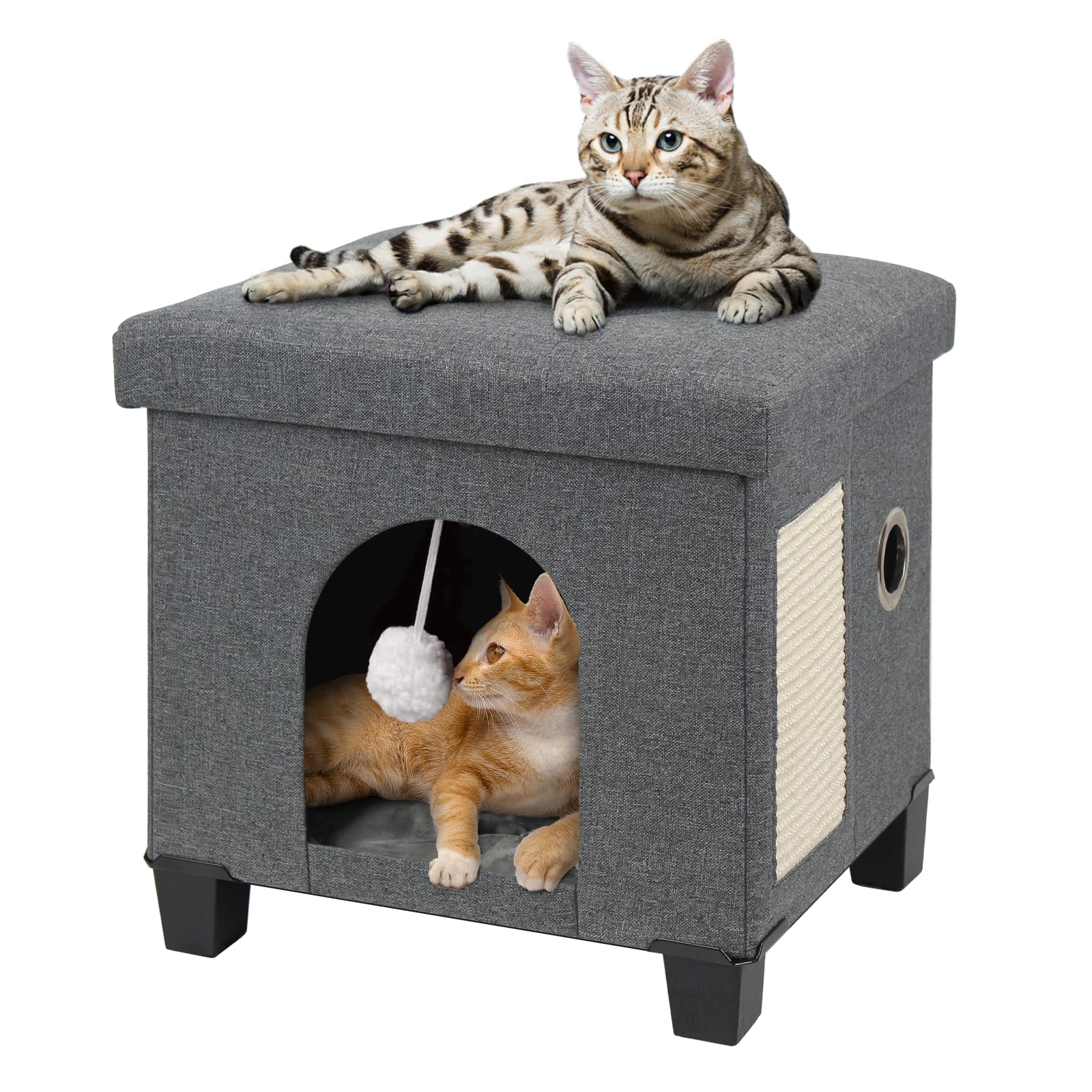 BRIAN & DANY Foldable Cat Bed for Indoor Cats - Large Cat Cube House with Scratch Board & Toy Ball, 14.5