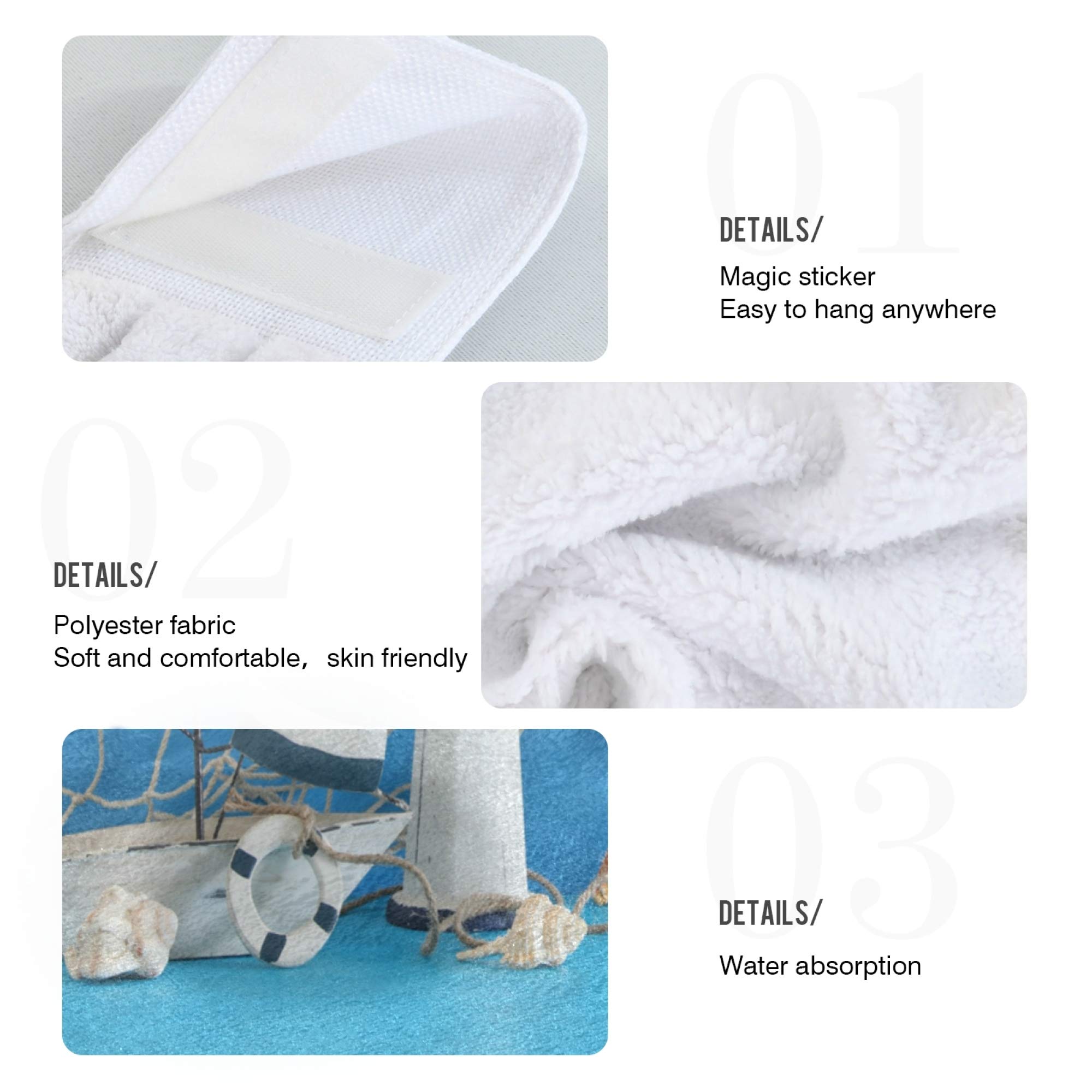 Nautical Theme Decorative Kitchen Hand Towels Set of 2 - Sailboat Lighthouse Starfish Seashells Fishnet Design on Blue Wooden Table - Absorbent Bath & Hand Towels with Hook & Loop for Hanging - Perfect for Coastal Decor, Beach House Kitchen, and Bathroom Accessories