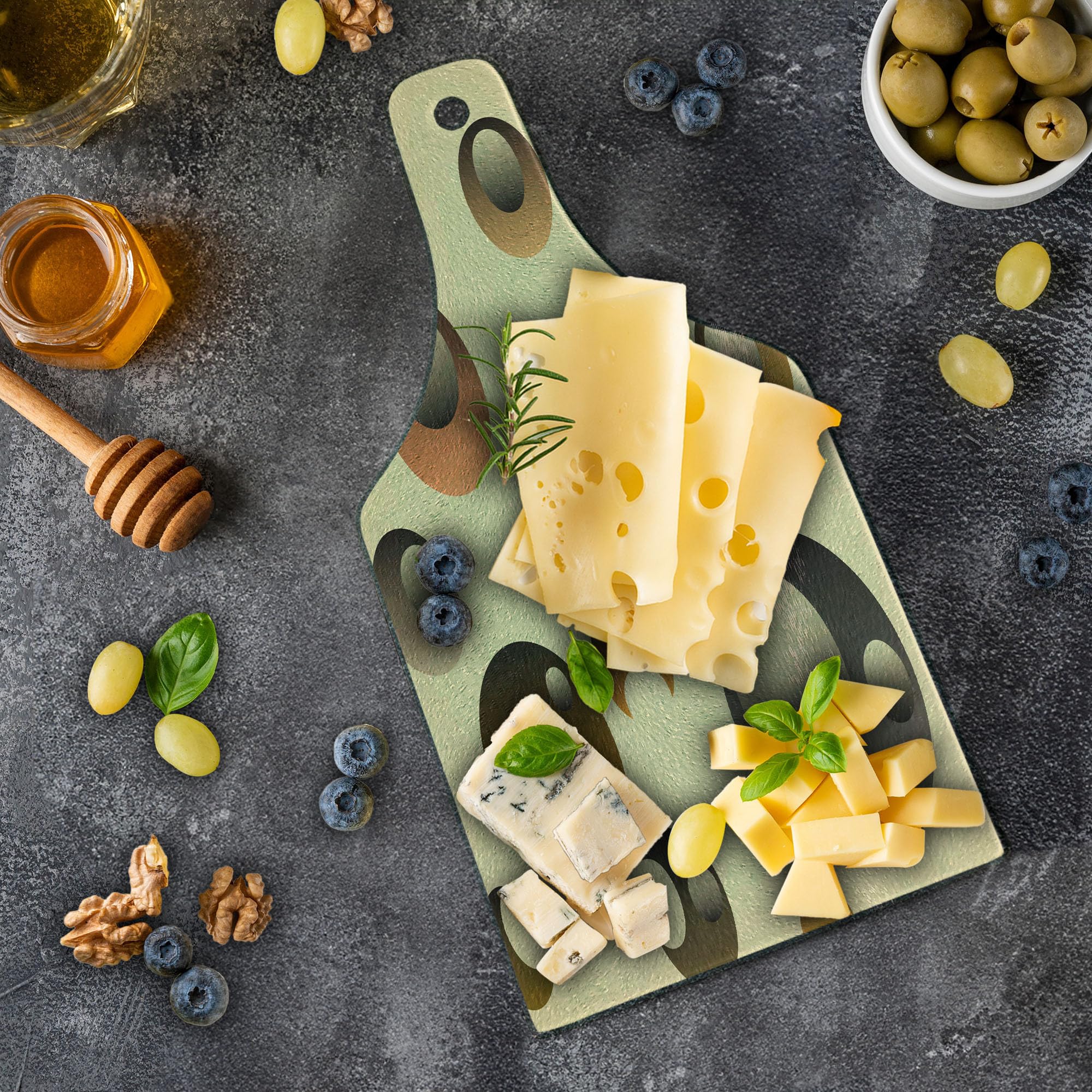 Ambesonne Retro Round Glass Cutting Board - Funky Bubbles Abstract Design, Tempered Glass Serving Board for Kitchen & Entertaining, Wine Bottle Shape in Cream Grey Caramel Colors - Perfect for Cheese Platters, Charcuterie & Party Appetizers