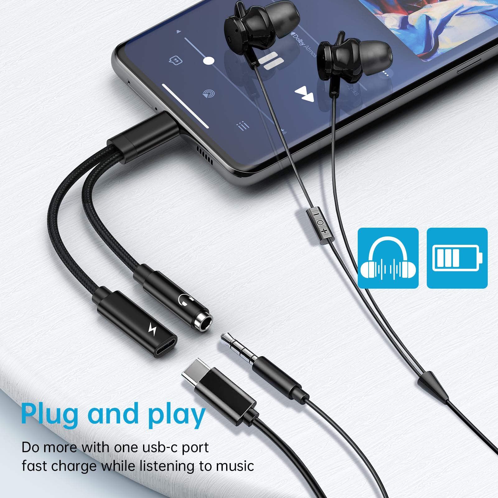 2-in-1 USB C to 3.5mm Headphone Jack & 60W PD Fast Charger Adapter for Samsung Galaxy S23/S22/S21/S24/iPhone 15/Google Pixel 8a/7 - Dual Port Audio & Charging Dongle for Travel, Gaming & Work