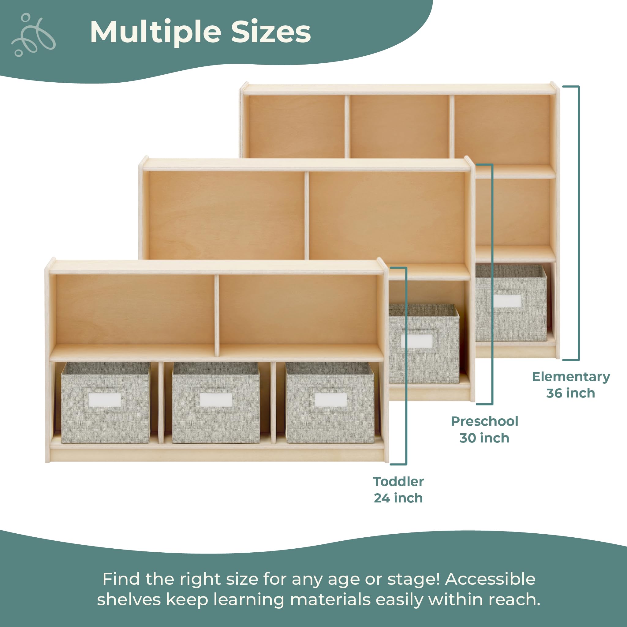 Guidecraft EdQ Three Shelf Wooden Storage Unit with 3 Fabric Bins - Kids Bookshelf & Toy Organizer for Homeschool, Classroom, Playroom & Bedroom Organization