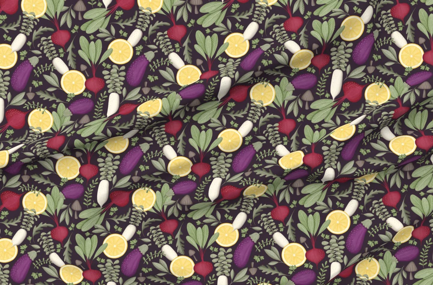 Hand Drawn Vegetables Leaves Garden Food & Lemons Printed Chiffon Fabric by The Yard - Perfect for Sewing Fashion Apparel, Dresses & Home Decor - Ideal for Kitchen Curtains, Table Runners & DIY Craft Projects