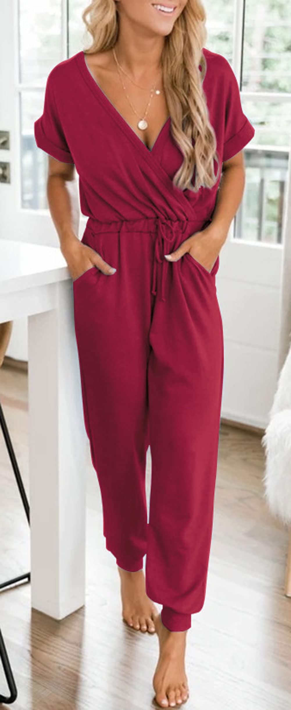 CHARTOU Women's Summer Casual V-Neck Lounge Jumpsuit - Short Sleeve Romper with Pockets | Perfect for Beach Vacation, Yoga, and Home Relaxation