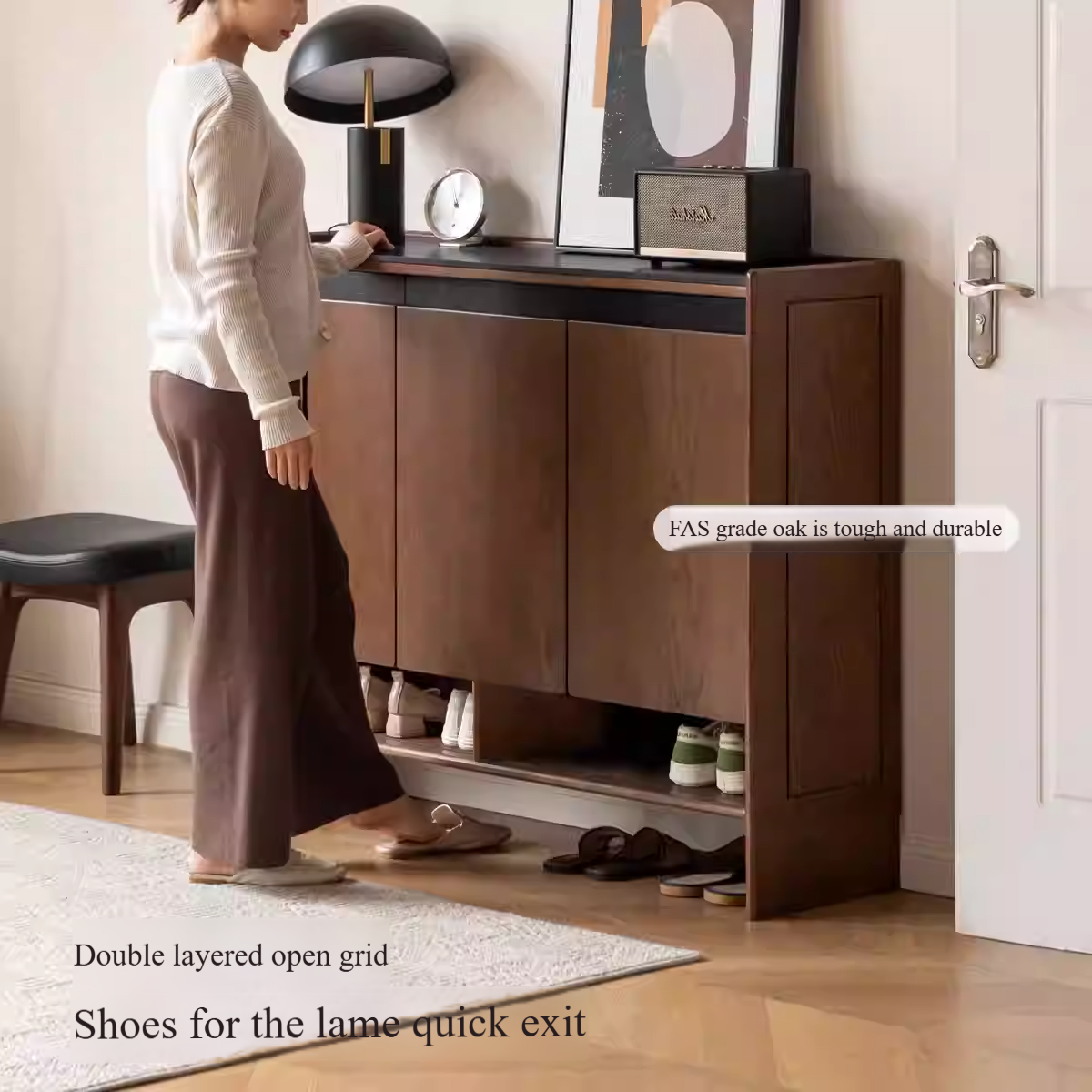 Solid Oak Wood Modern Shoe Rack with Rock Board Design - Stylish Shoe Storage for Entryway, Living Room, or Bedroom Organization