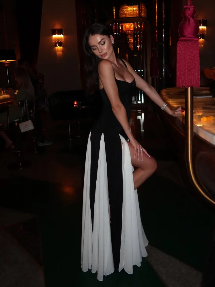 Elegant Women's Contrast U-Neck Sleeveless Backless Maxi Dress with High Slit - A-Line Summer Dress for Beach, Party & Evening Wear 2025