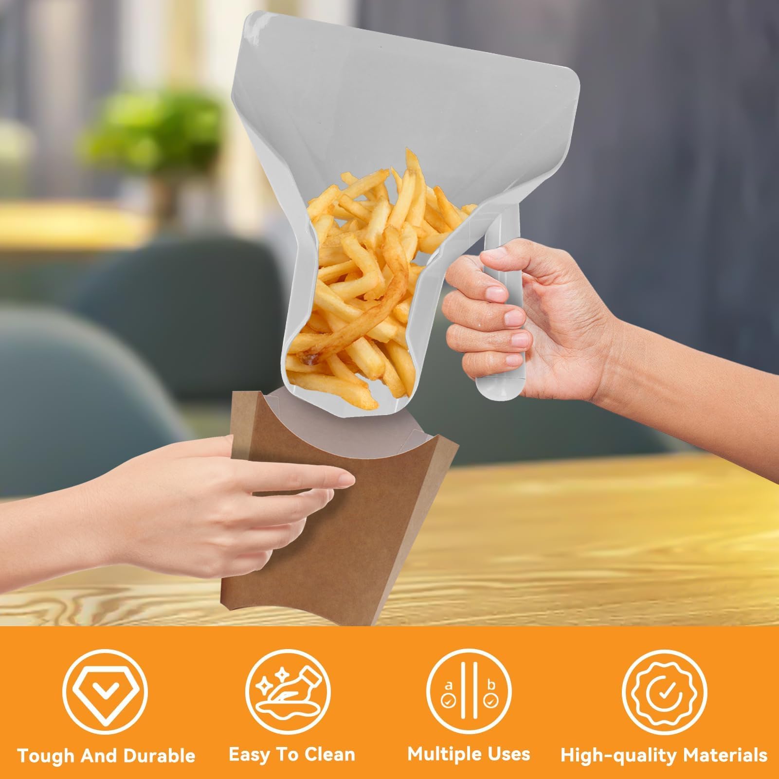 French Fry Scoop for Bagger - Ergonomic Plastic Fry Scooper with Right-Angle Handle for Fast Filling - Perfect for French Fries, Snacks, Desserts & Concession Stands