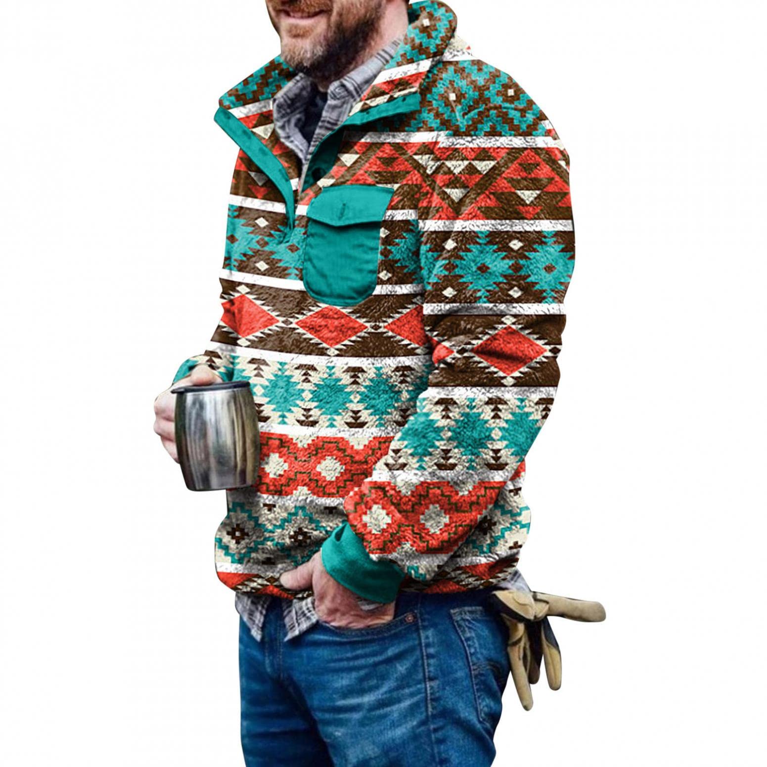 Vintage Printed Fleece Sweatshirt for Men - Soft Plush Turtleneck Pullover Jacket | Casual Winter Wear, Street Style Fashion, Cozy Lounge Outfit