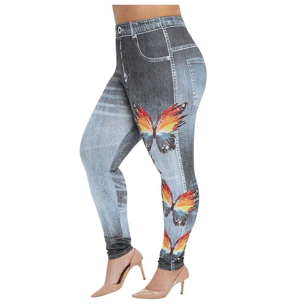 **YCK-SAIU Plus Size Women's Fake Jeans Printed Leggings – High Waisted Tummy Control Stretch Skinny Pants (Gray) – Perfect for Yoga, Workouts & Casual Wear**