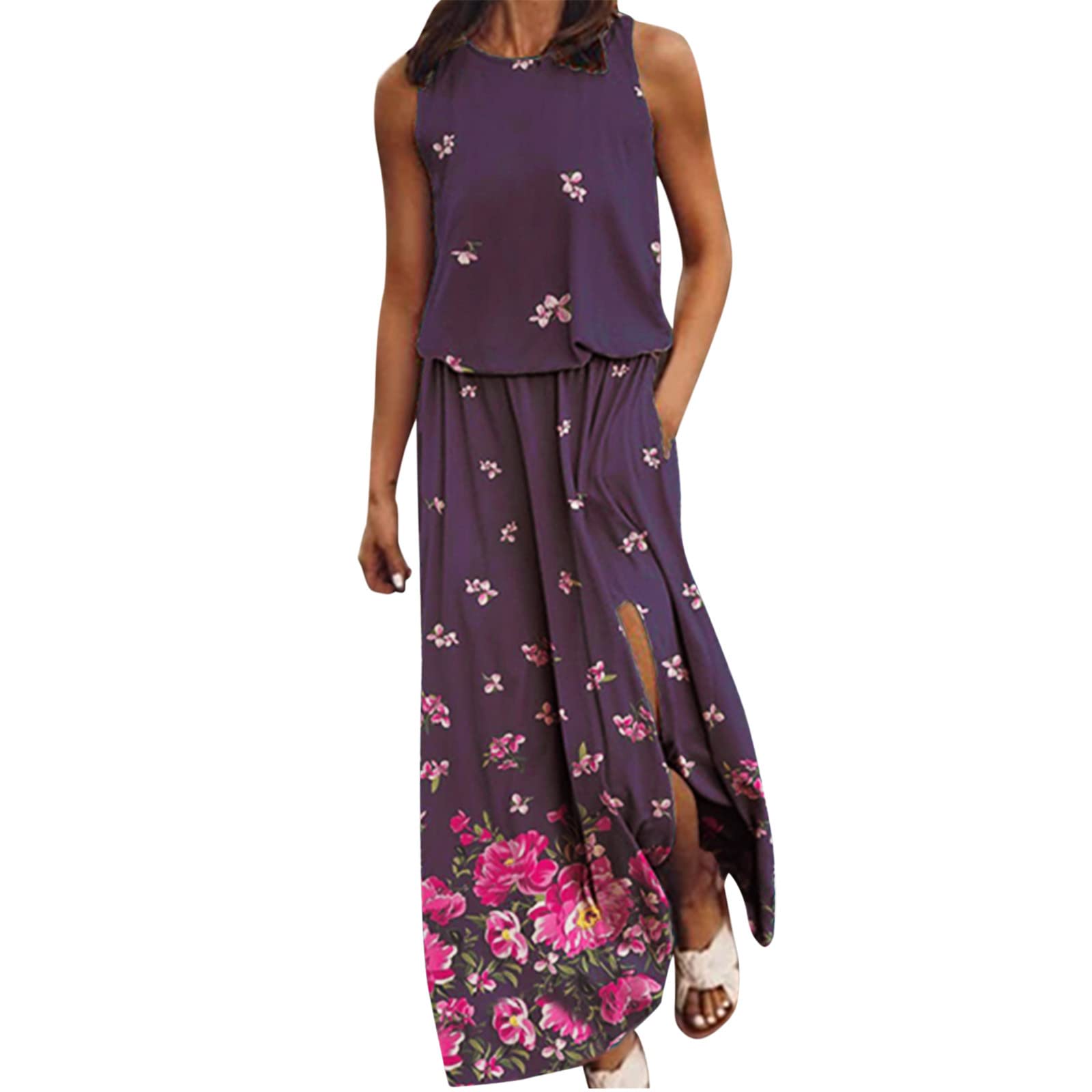 Women's Summer Casual Maxi Dress - O Neck Sleeveless Long T-Shirt Dress with Side Slit | Perfect for Beach Vacations, Outdoor Parties & Everyday Wear