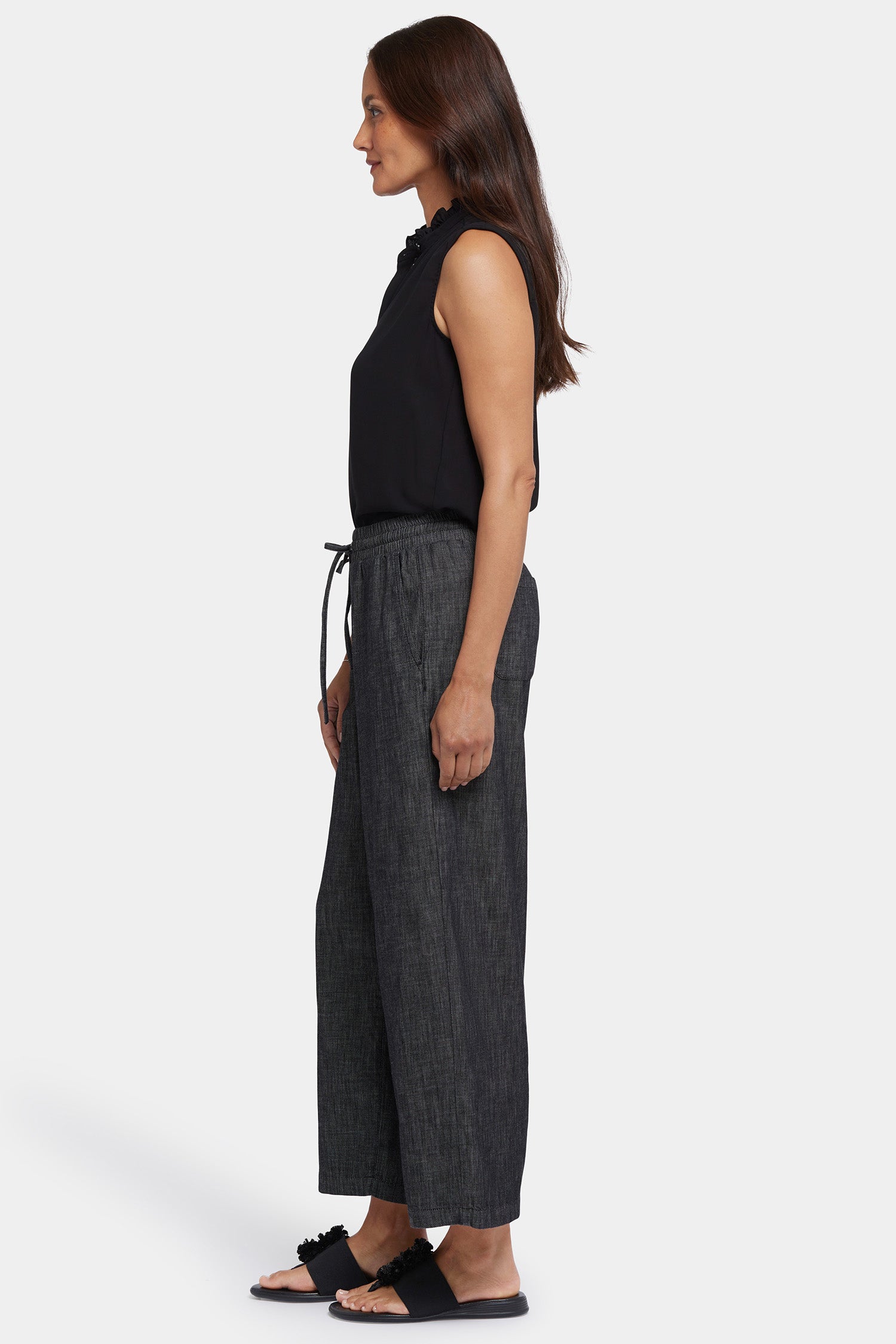 Jayne Pull On Wide Leg Ankle Pants for Petite Women - Black Rinse | Comfortable Stretch Work Pants for Office & Casual Wear