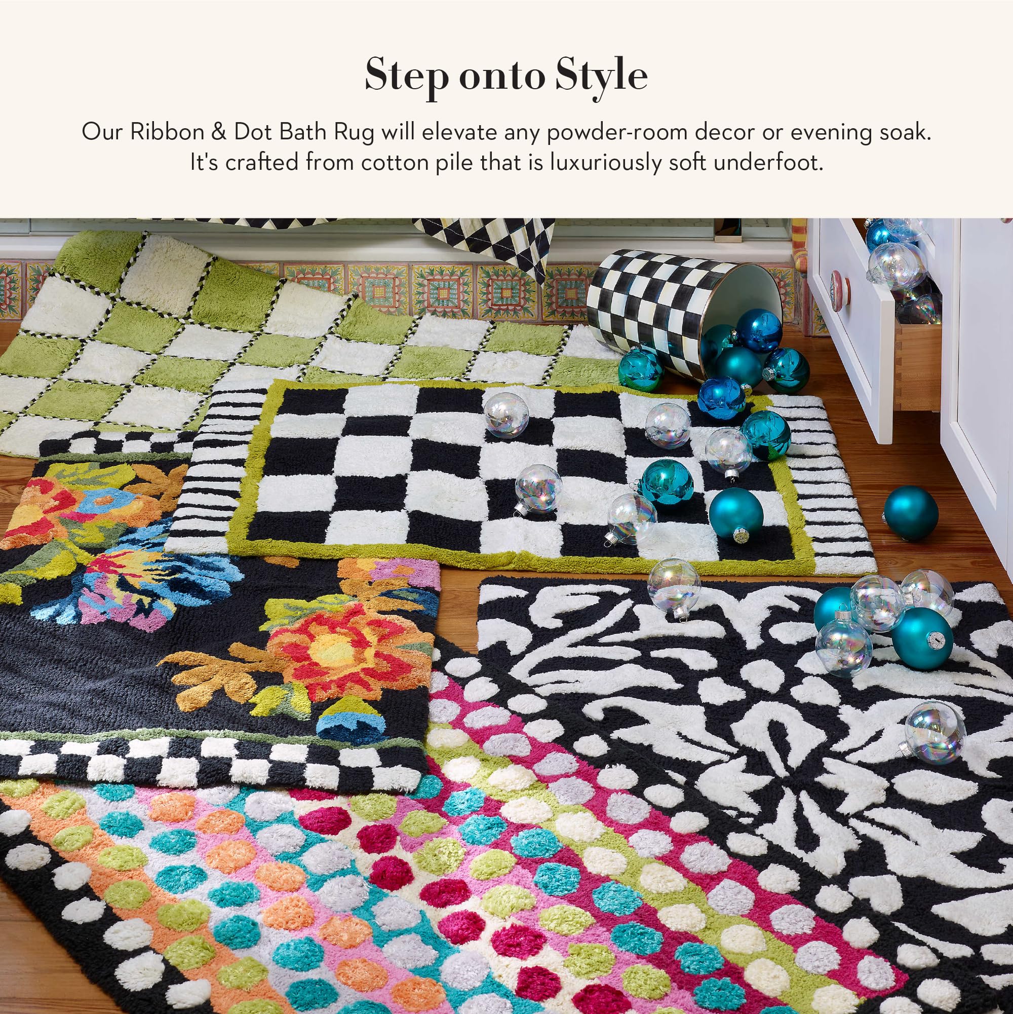 MACKENZIE-CHILDS Cotton Bath Rug with Ribbon & Dot Design - Non-Slip Bathroom Mat for Shower, Tub, and Vanity Area - Soft Absorbent Floor Mat for Home Decor