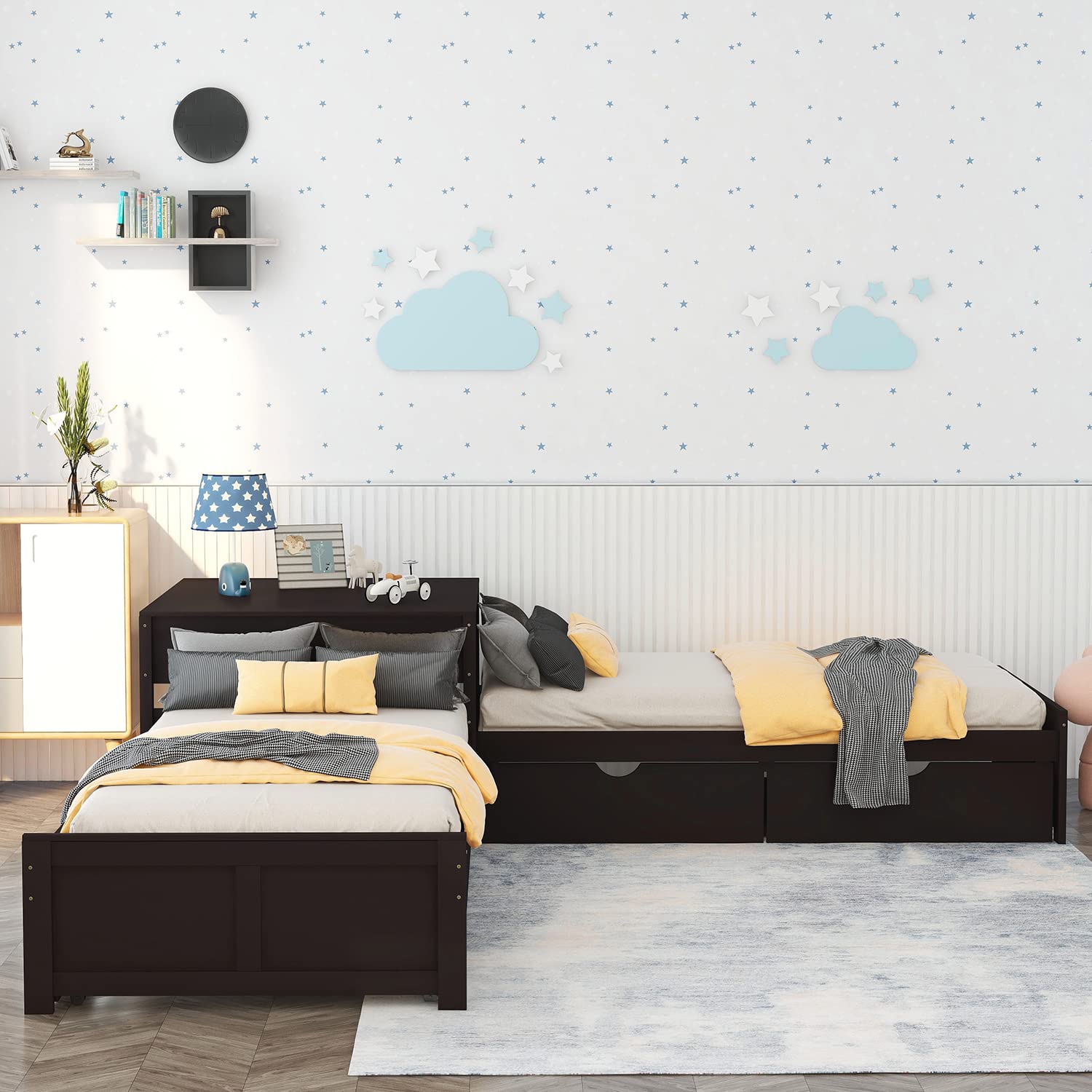 L-Shaped Twin Platform Bed with Trundle and Storage Drawers - Wooden Corner Bed Frame with Built-In Desk for 3 People in Espresso Finish - Perfect for Small Bedrooms, Kids Rooms, and Shared Spaces