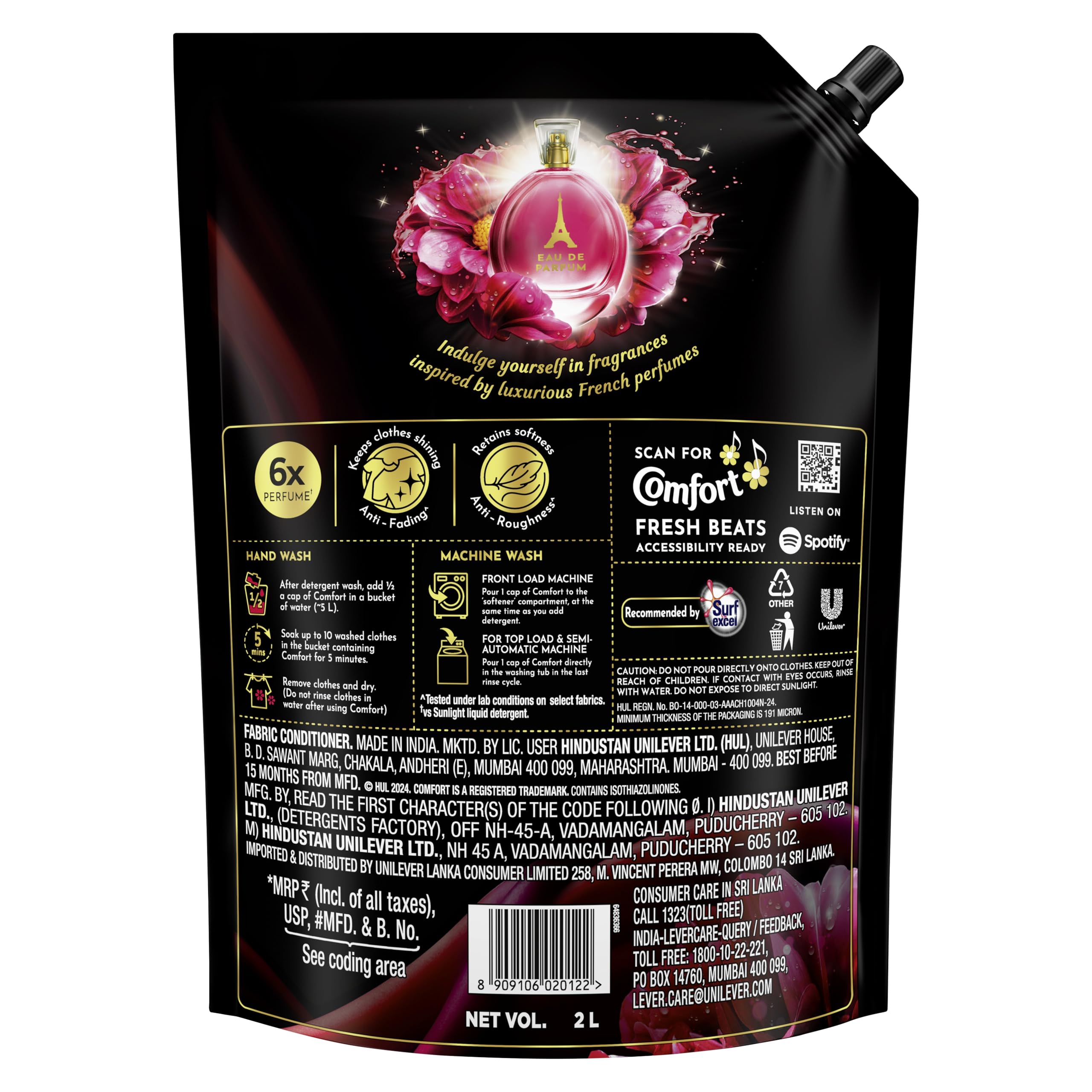 Luxury Comfort Perfume Deluxe Fabric Softener - 2L Pouch with French Floral & Orange Fragrance for Laundry & Home Freshness