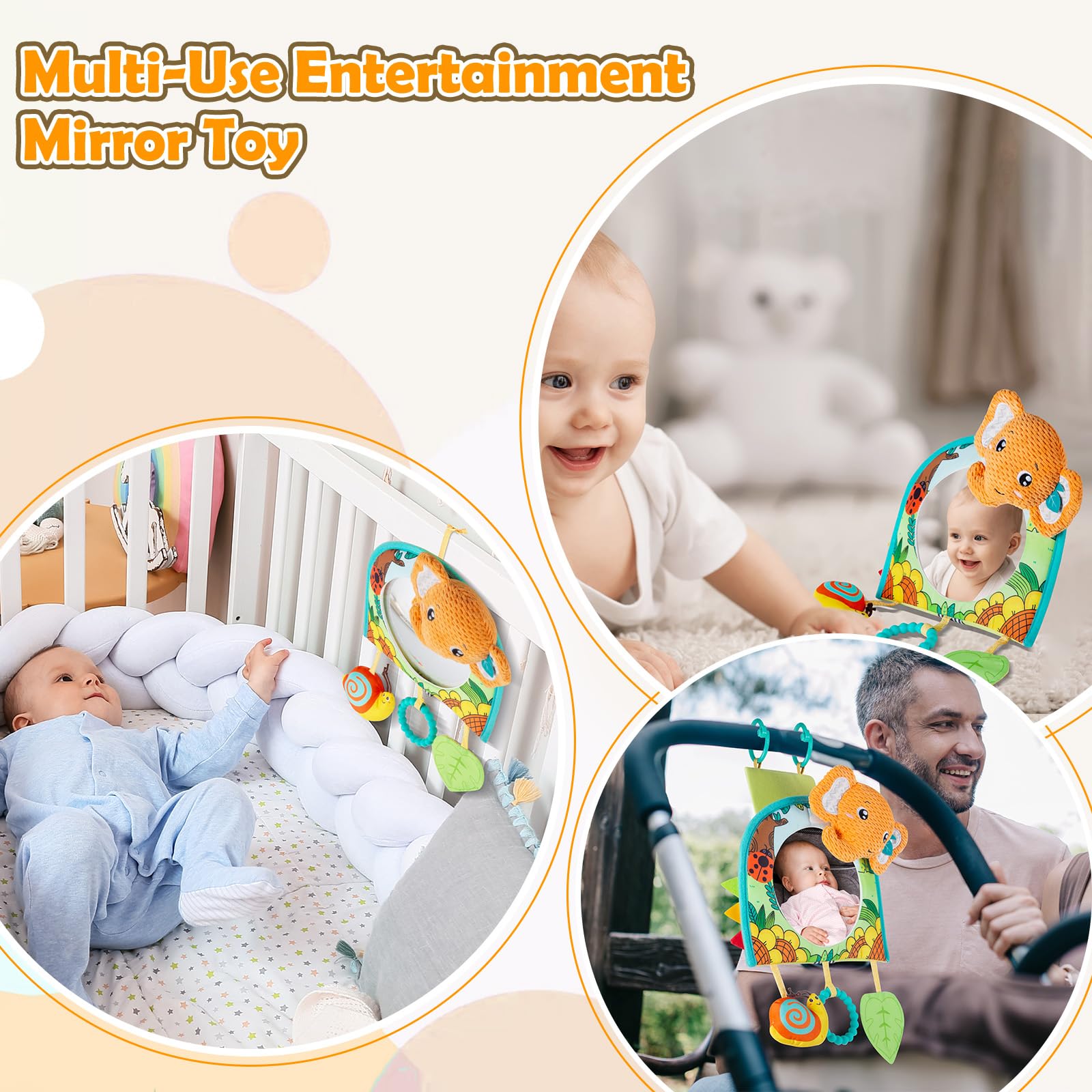 Baby Car Mirror & Toy Set for Rear Facing - Safe Travel Activity Center with Hanging Toys for Infants 0-18 Months - Perfect for Road Trips & Long Car Rides (Gender Neutral Design)