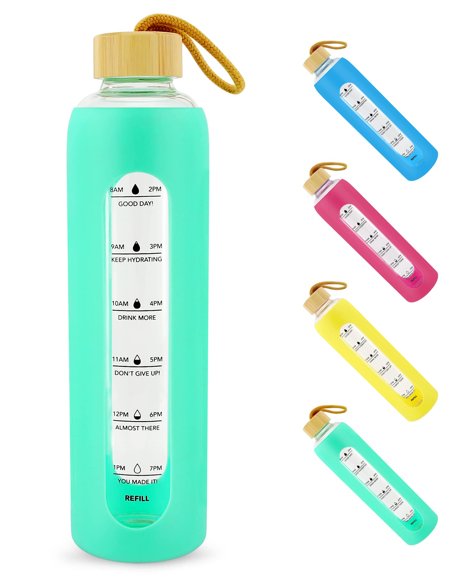 1L Motivational Water Bottle with Time Marker - BPA Free, Leak Proof 32oz Glass Water Bottle with Silicone Sleeve & Bamboo Lid by Nidoot (Aqua) - Perfect for Gym, Office, Hiking and Daily Hydration Tracking