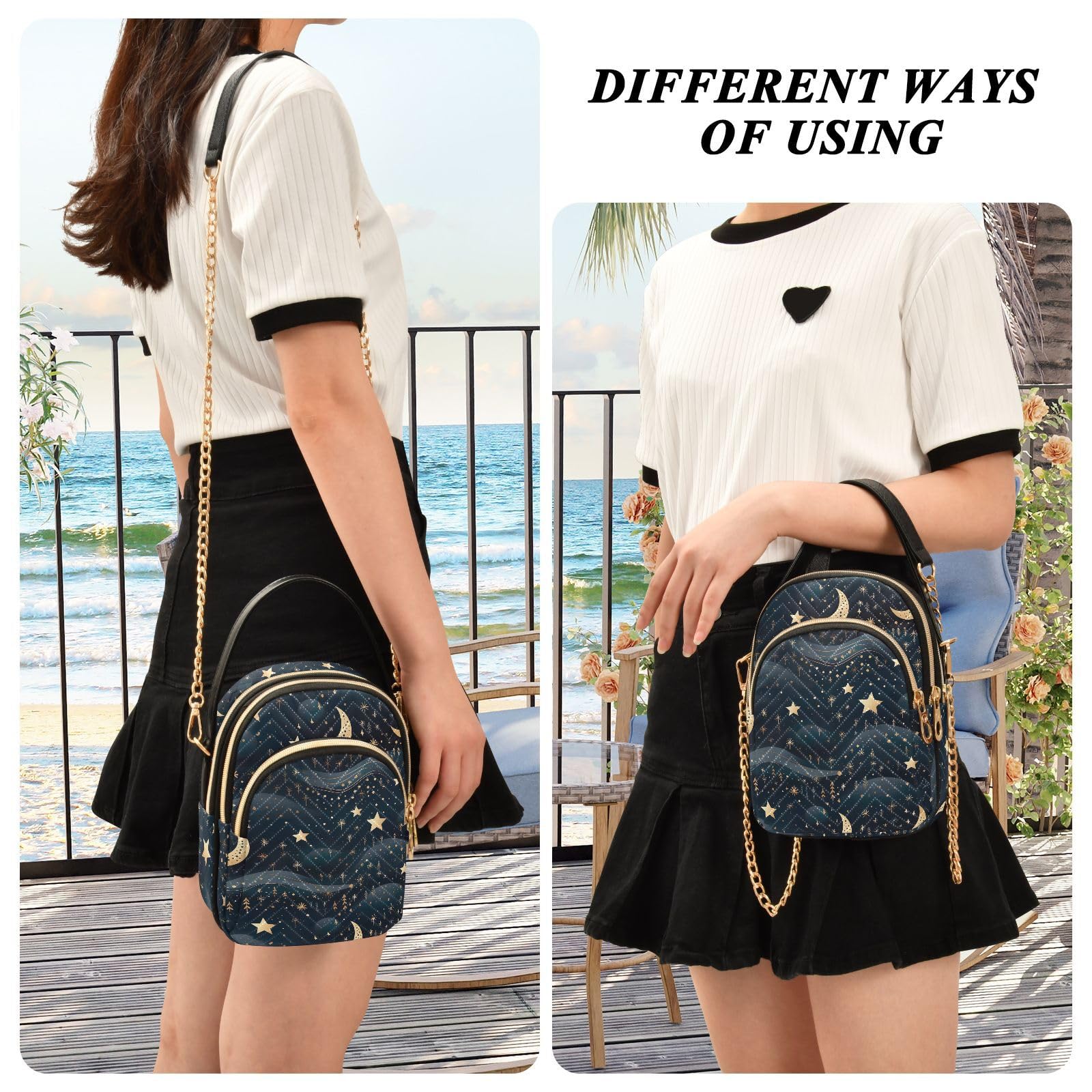 Women's Stars & Moon Crossbody Bag - Detachable Strap Purse for Travel & Daily Use