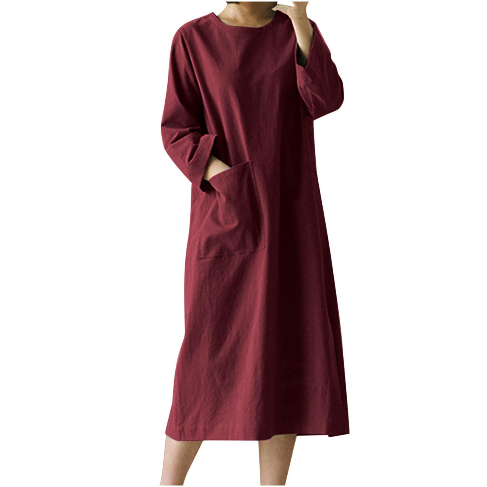 JPVDPA Women's Casual Long Sleeve Midi Dress - Solid Color Loose Tunic with Round Neck & Pockets | Perfect for Fall Outfits, Office Wear & Weekend Brunch