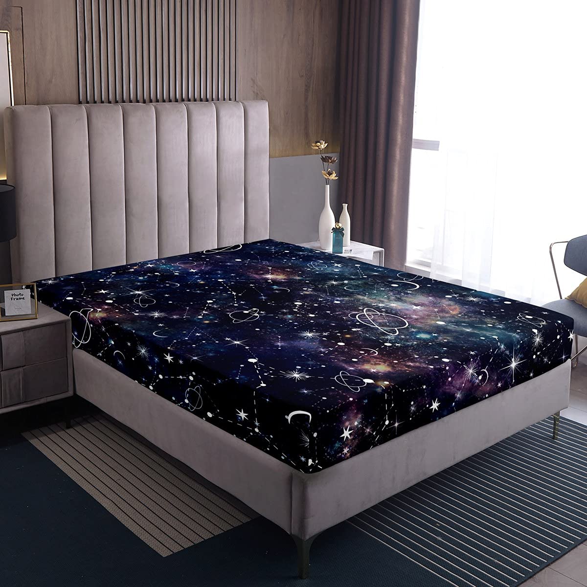 Galaxy Bed Sheets Set Twin Size - 3 Piece Constellation Sheet Set with Purple Universe Print, Deep Pocket Fitted Sheet & Starry Sky Flat Sheet - Includes 1 Pillow Case for Kids, Boys, Girls, Men & Women - Perfect for Space Themed Bedrooms, Dorm Rooms & Gift Giving