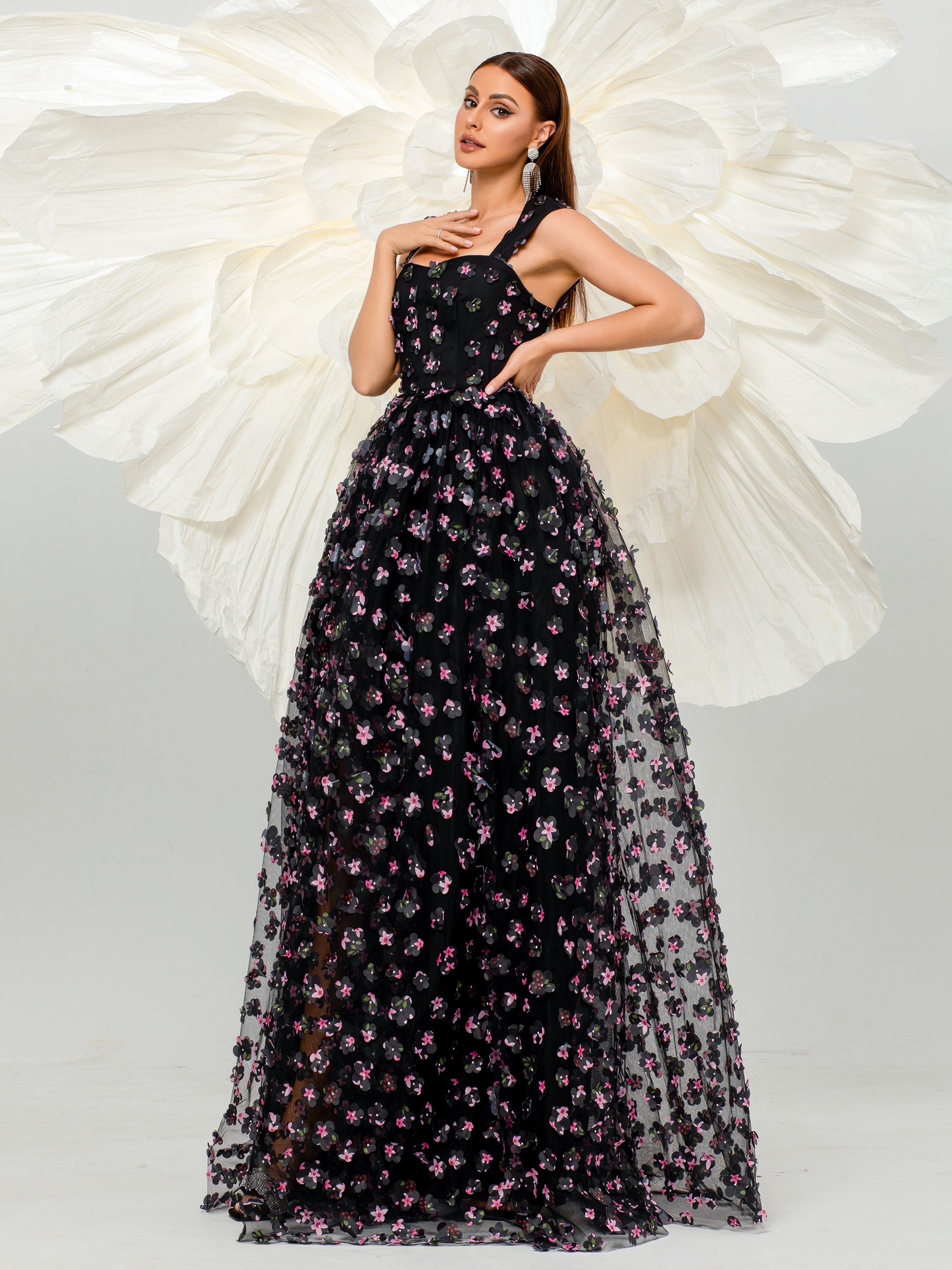 Elegant Appliqued Pink Camisole Floral Tulle Dress for Women - Perfect for Weddings, Parties & Special Occasions