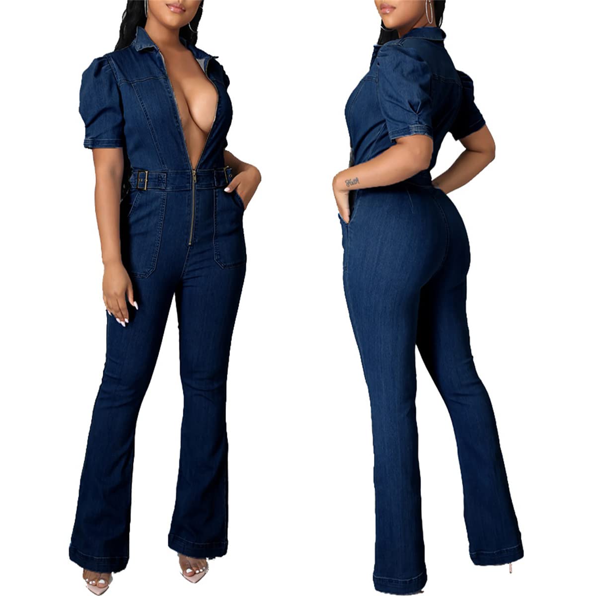 CELCIE Women's Fashion Casual Denim Jumpsuit - Zipped Sexy Slim Fit Wide Leg Romper (Sizes S-3XL) | Perfect for Date Night, Parties & Casual Outings